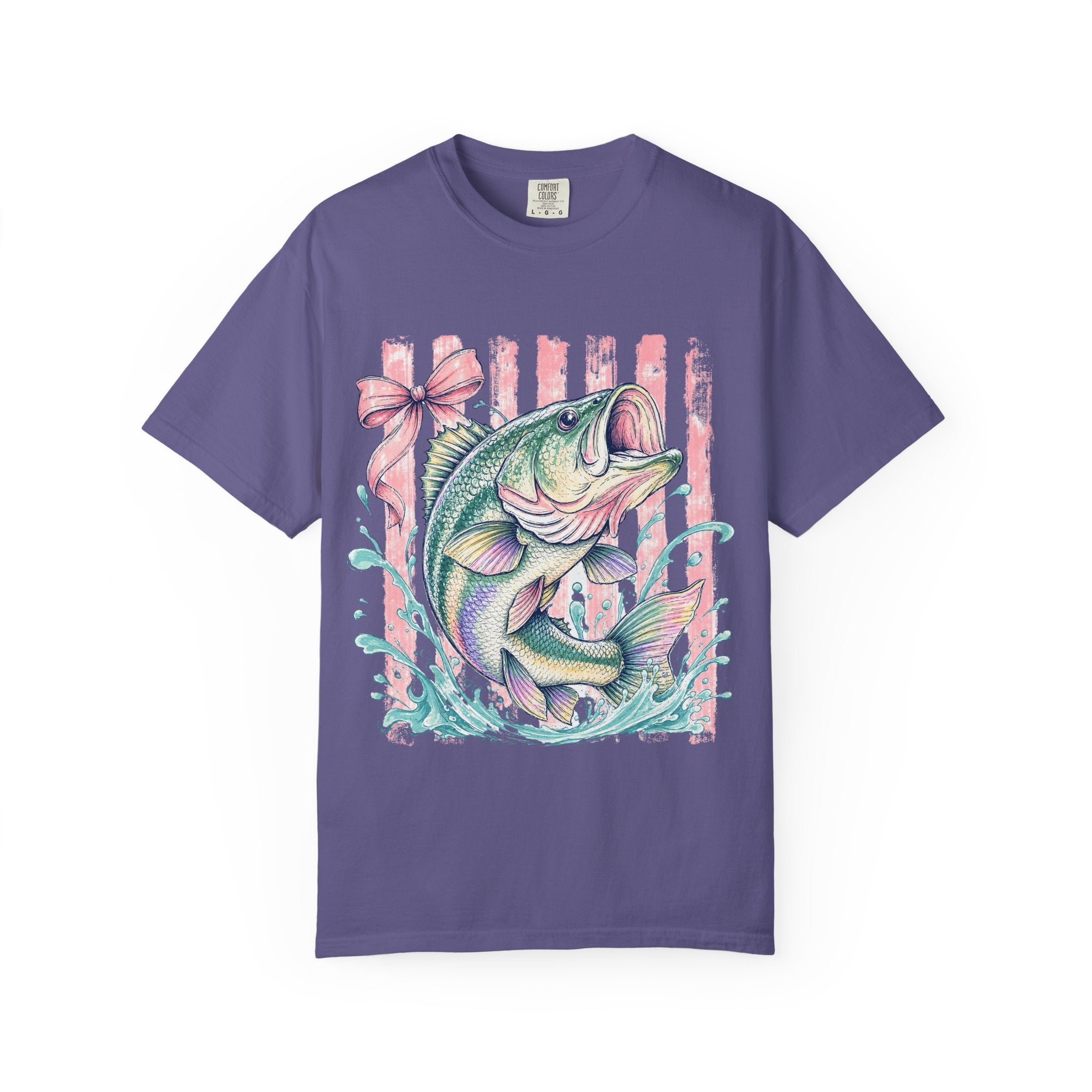 Bass Fish T-Shirt — Pastel Fishing Graphic Tee (Striped Background)