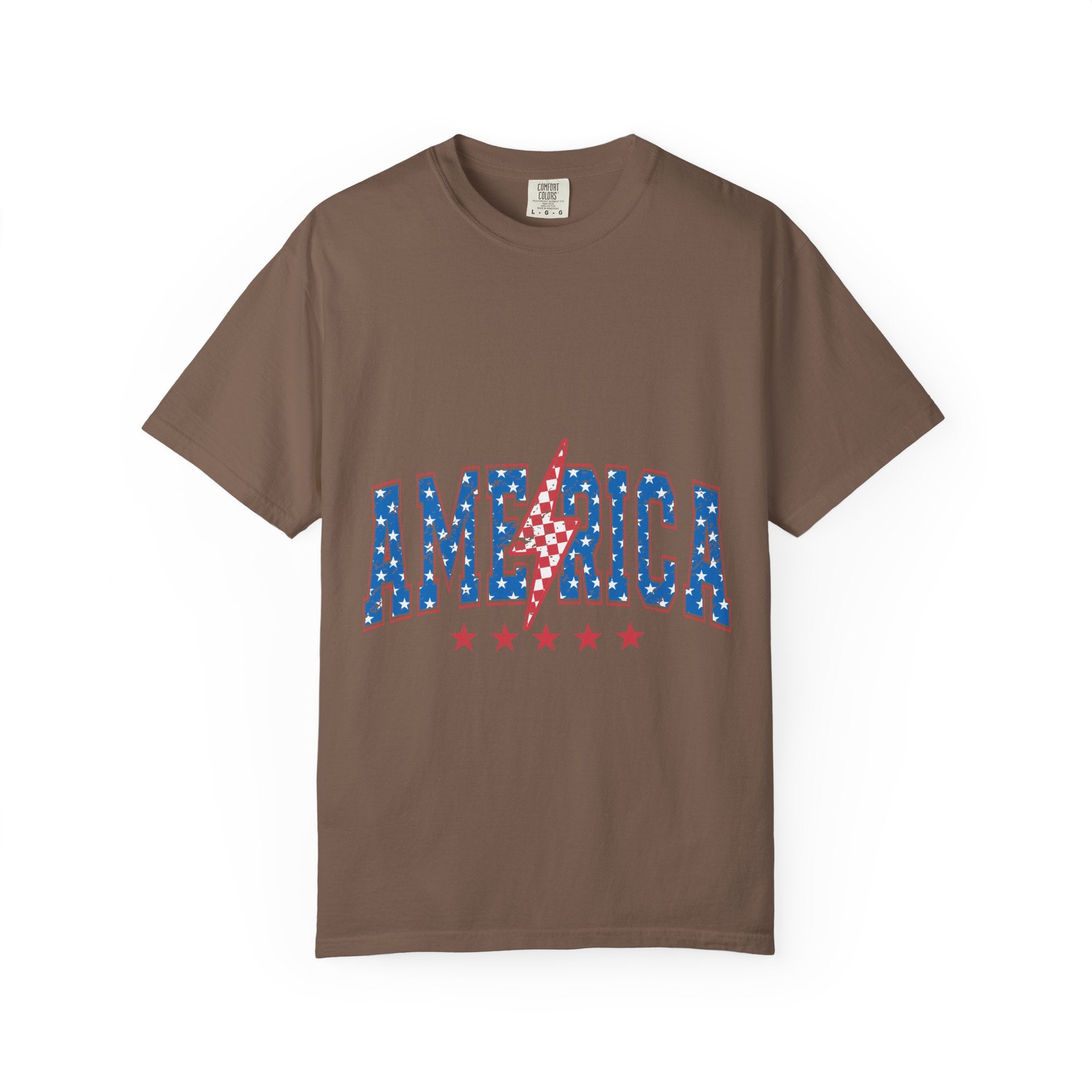 America Lightning Bolt T-Shirt — Patriotic USA Flag Print with Stars