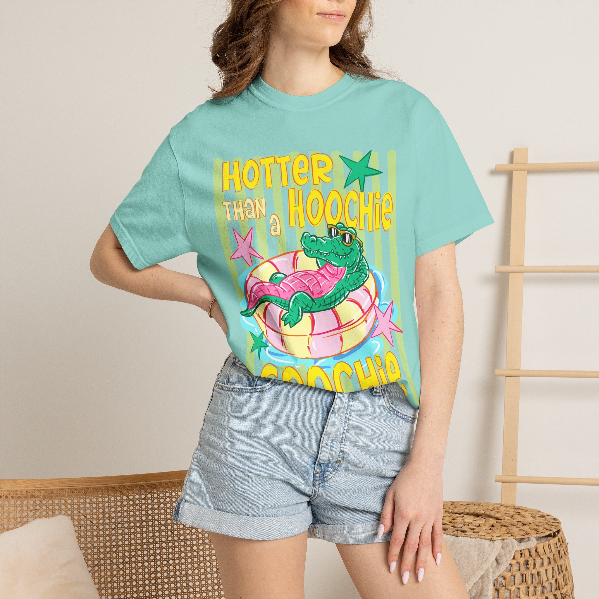 Graphic T-Shirt — “Hotter Than Hoochie Coochie” Retro Pool Float Design