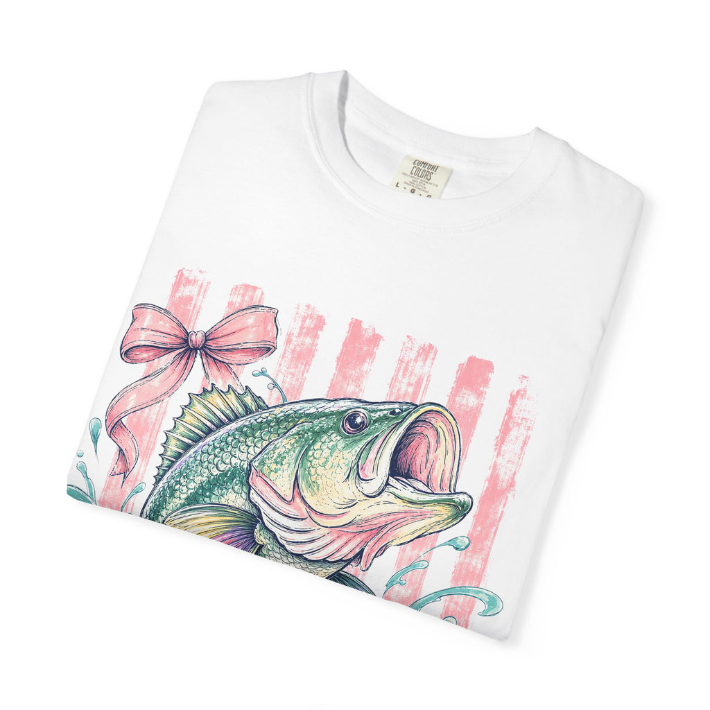 Bass Fish T-Shirt — Pastel Fishing Graphic Tee (Striped Background)