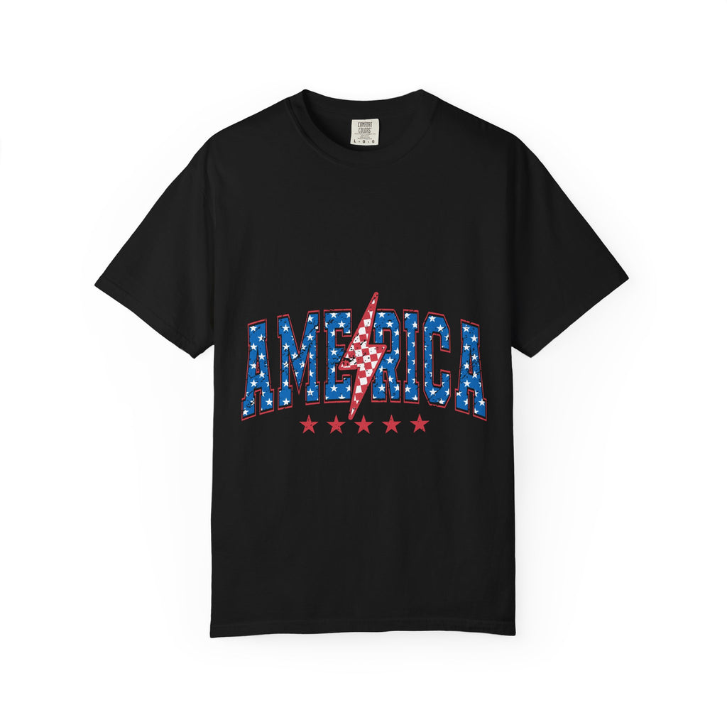 America Lightning Bolt T-Shirt — Patriotic USA Flag Print with Stars