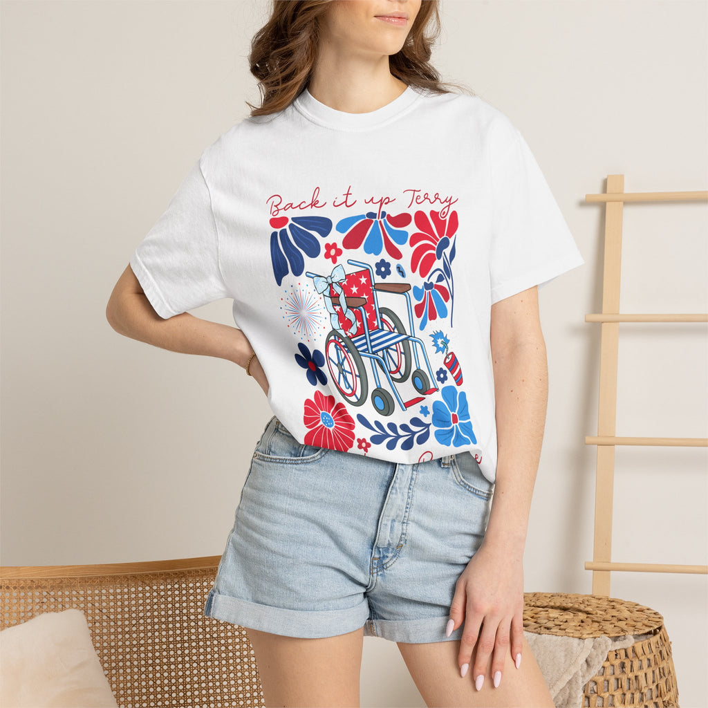 Retro Wheelchair Floral T-Shirt — "Push It in Reverse" Patriotic Graphic Tee
