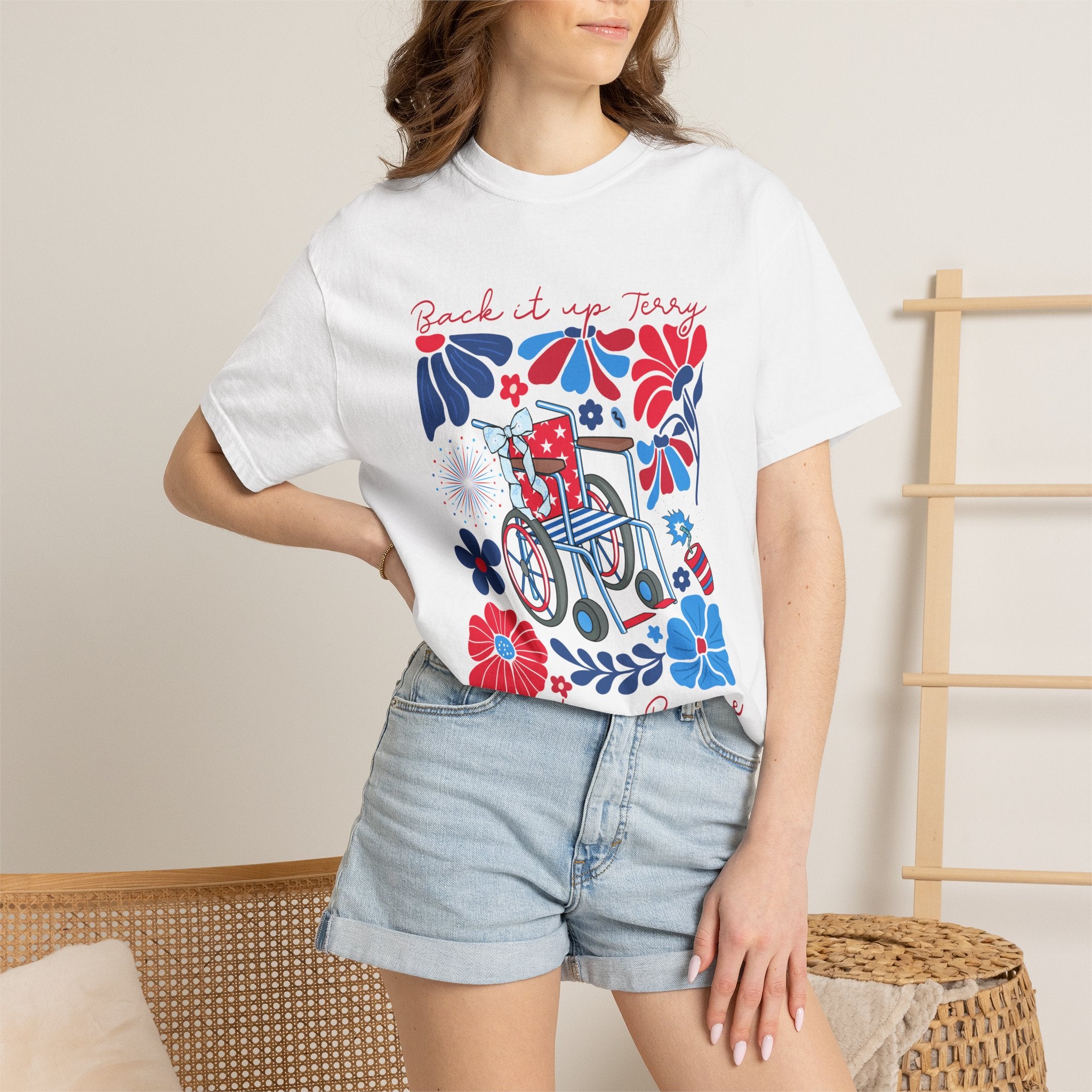 Retro Wheelchair Floral T-Shirt — "Push It in Reverse" Patriotic Graphic Tee