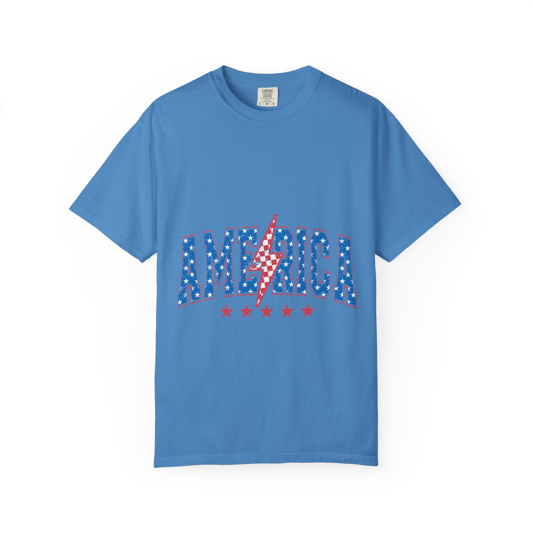 America Lightning Bolt T-Shirt — Patriotic USA Flag Print with Stars