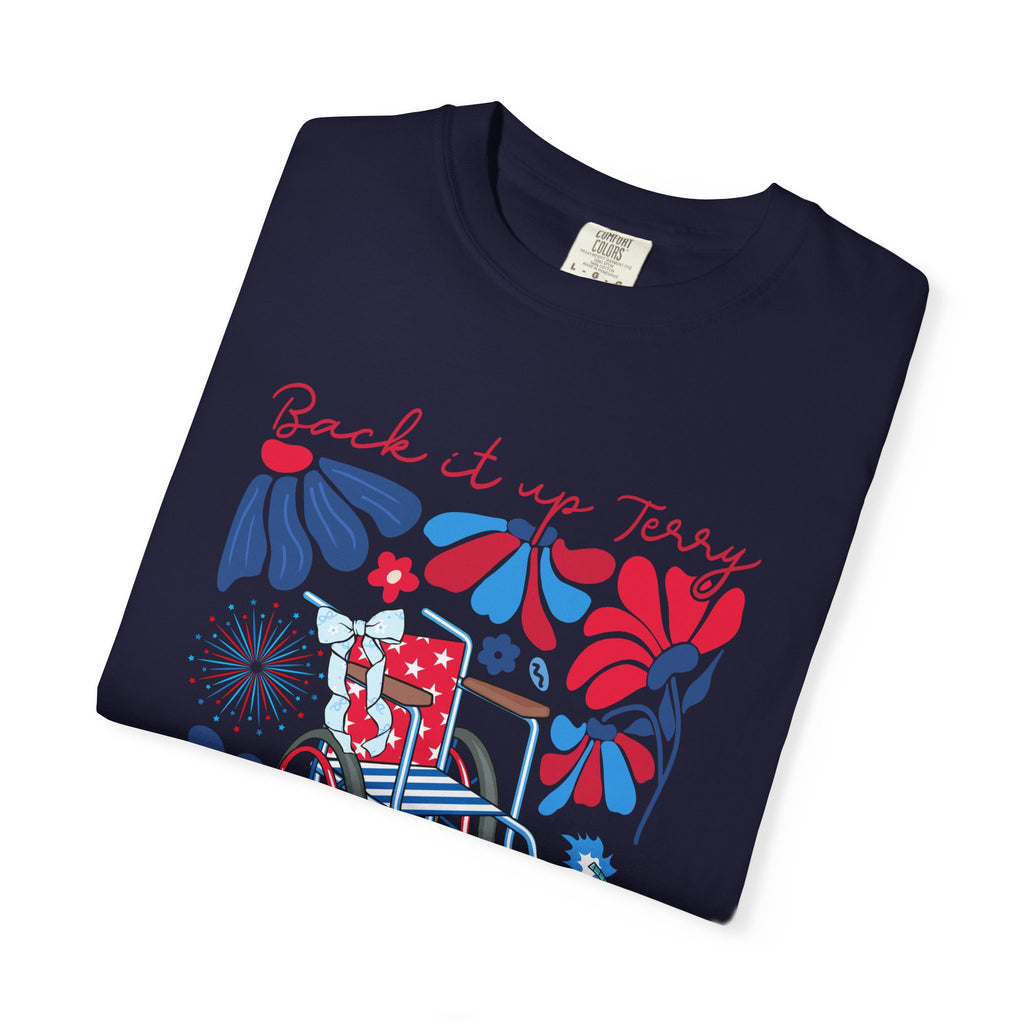 Retro Wheelchair Floral T-Shirt — "Push It in Reverse" Patriotic Graphic Tee