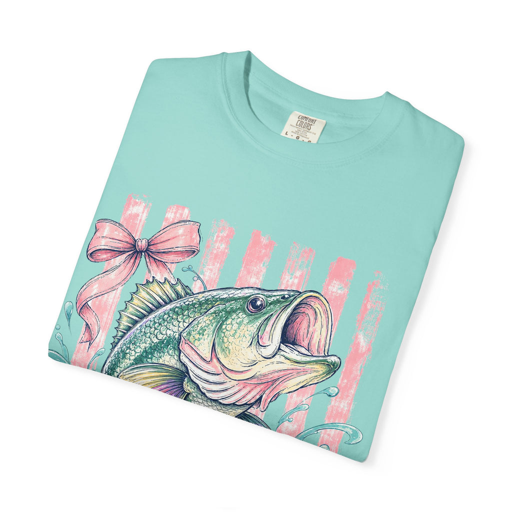 Bass Fish T-Shirt — Pastel Fishing Graphic Tee (Striped Background)