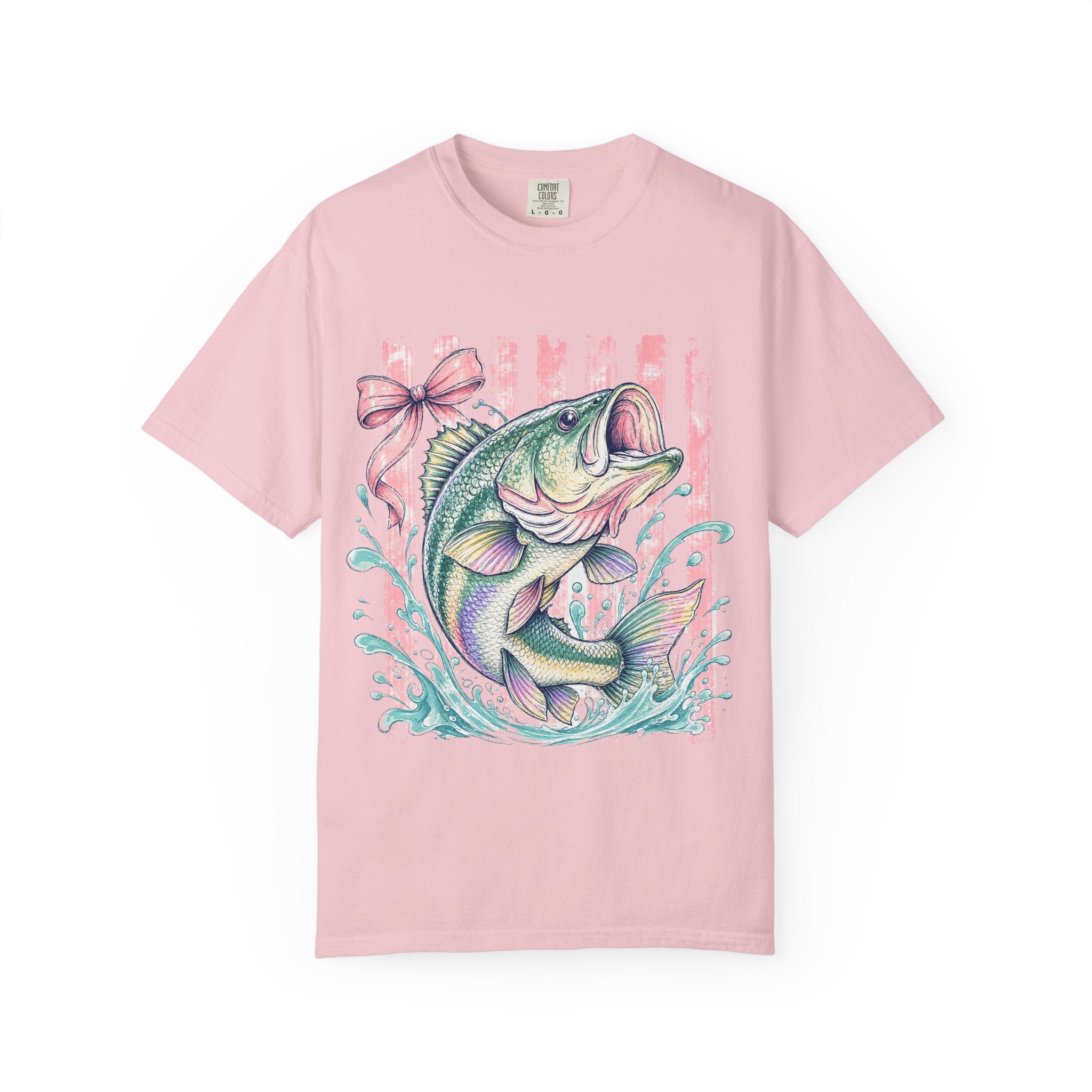 Bass Fish T-Shirt — Pastel Fishing Graphic Tee (Striped Background)