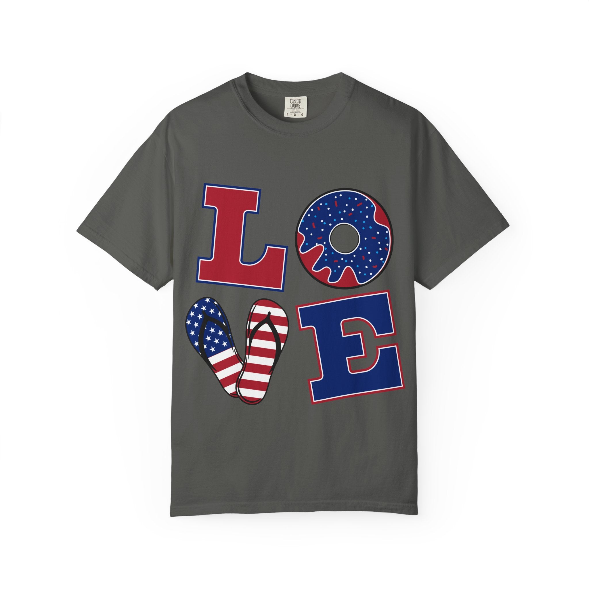 Patriotic 'LOVE' Graphic T-Shirt — American Flag Donut & Flip-Flop Design