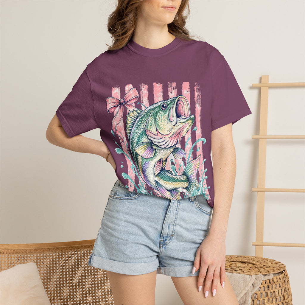 Bass Fish T-Shirt — Pastel Fishing Graphic Tee (Striped Background)
