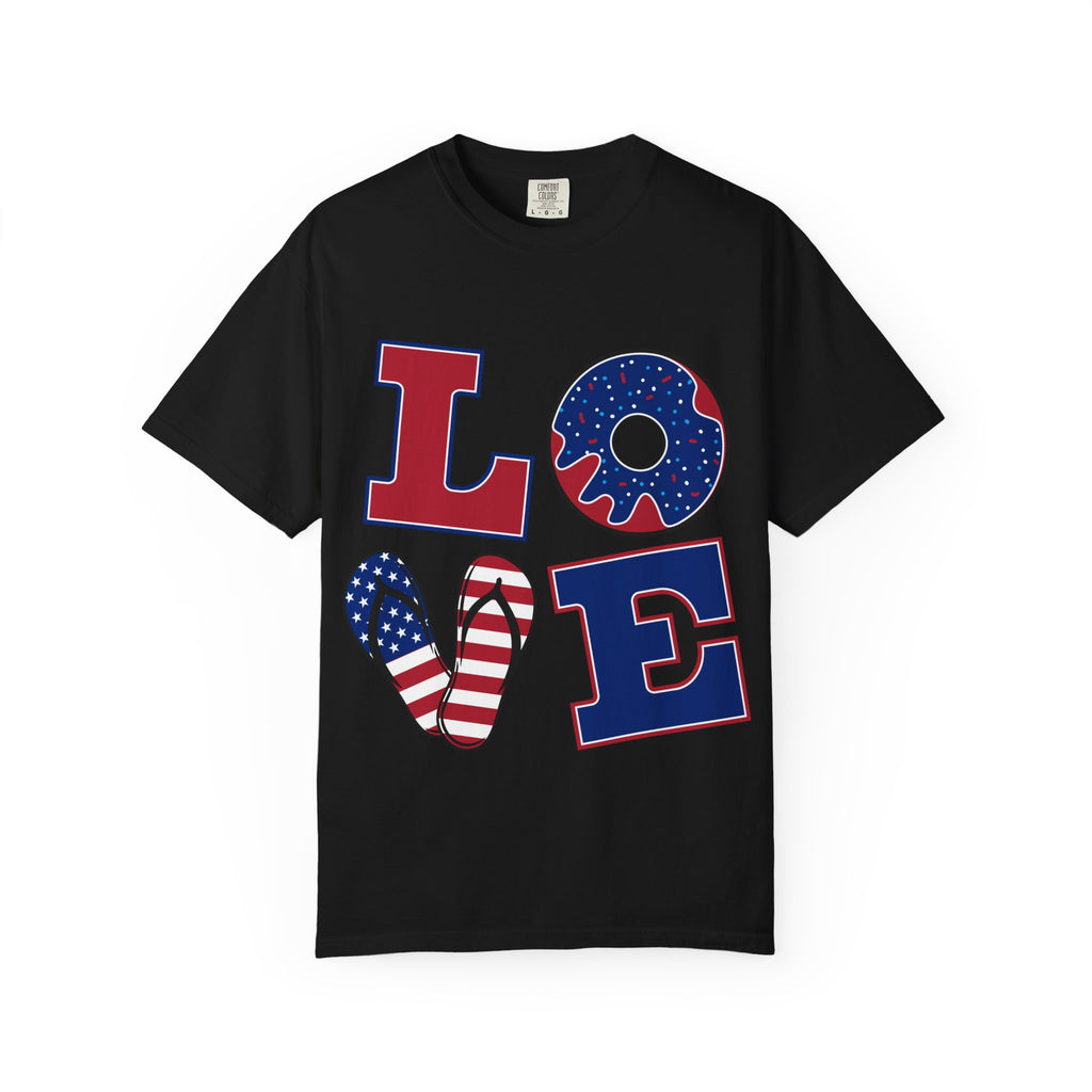 Patriotic 'LOVE' Graphic T-Shirt — American Flag Donut & Flip-Flop Design