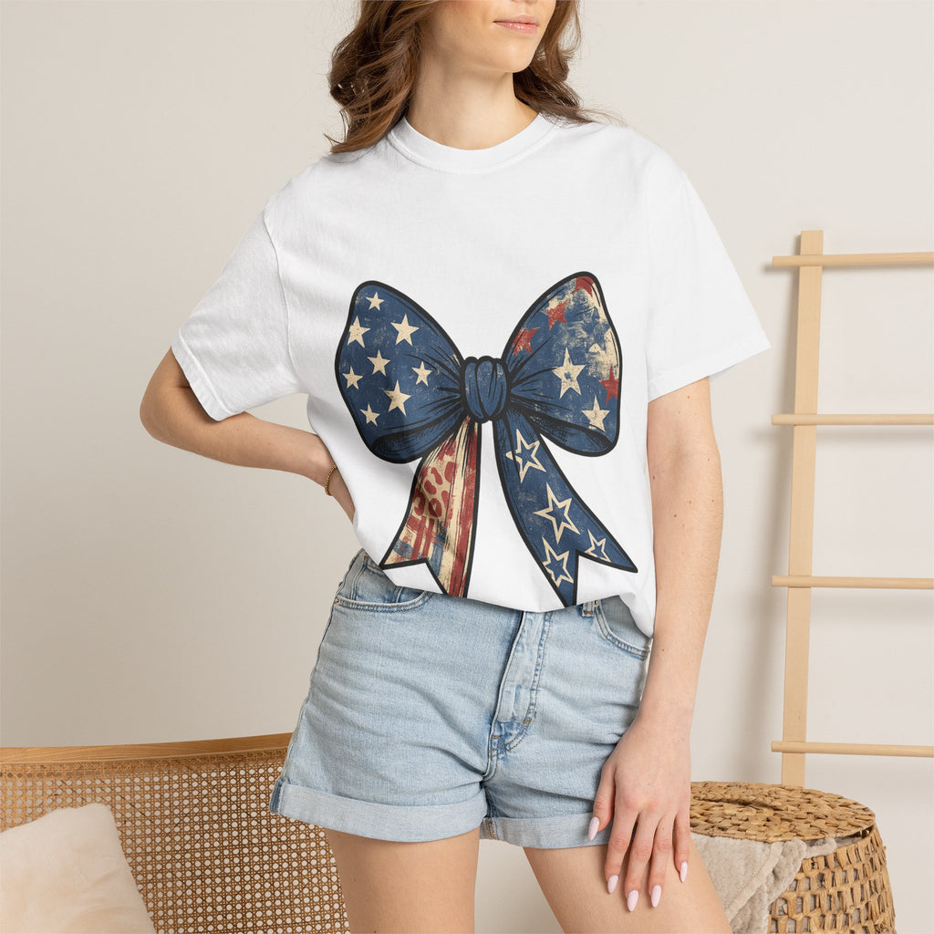 Patriotic Bow T-Shirt — American Flag Bow Graphic Tee for 4th of July