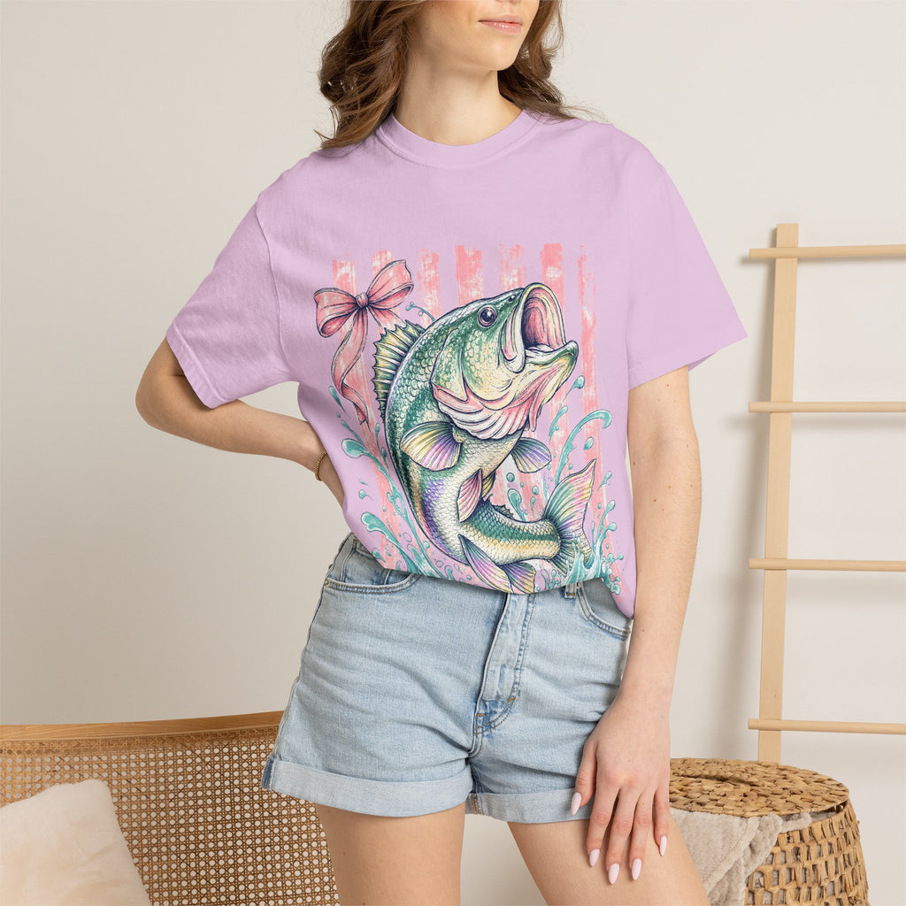 Bass Fish T-Shirt — Pastel Fishing Graphic Tee (Striped Background)