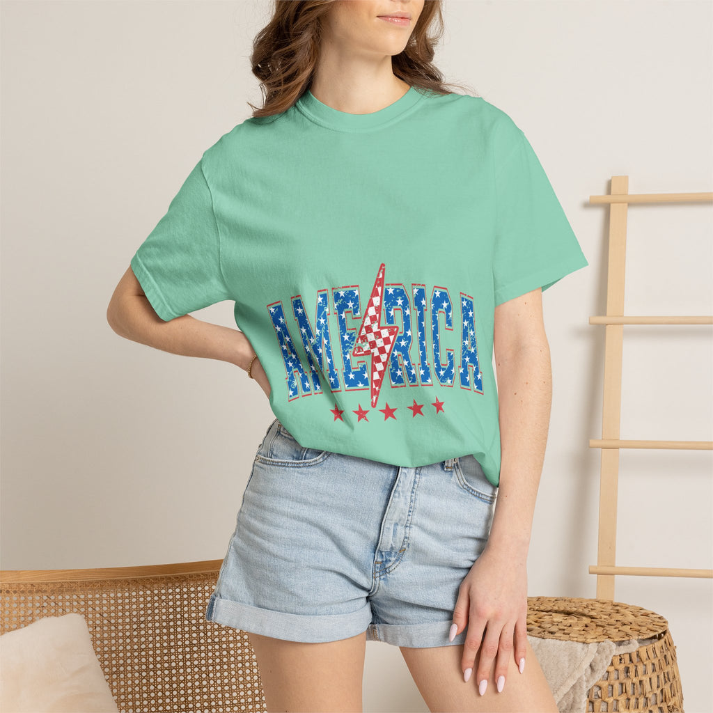 America Lightning Bolt T-Shirt — Patriotic USA Flag Print with Stars