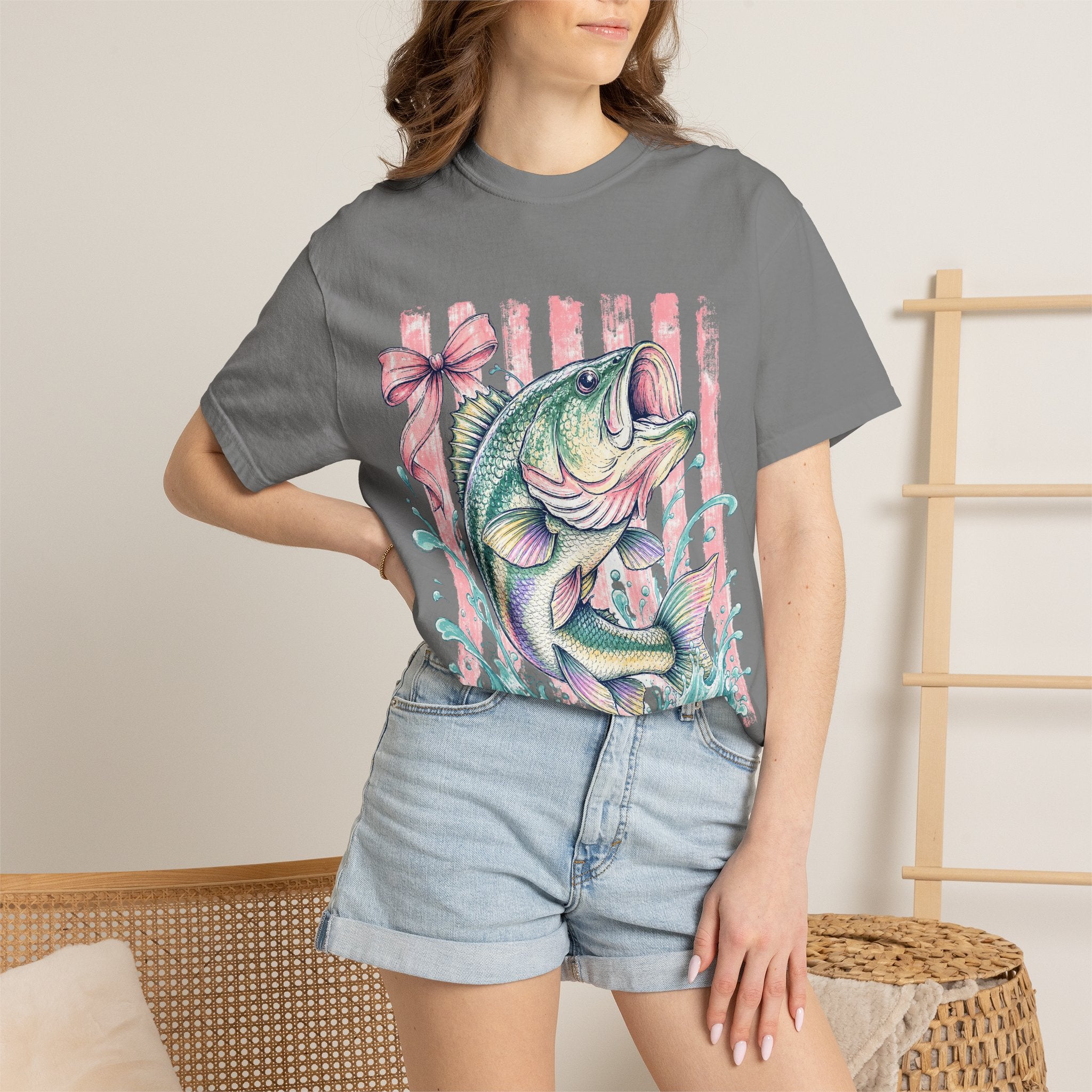 Bass Fish T-Shirt — Pastel Fishing Graphic Tee (Striped Background)