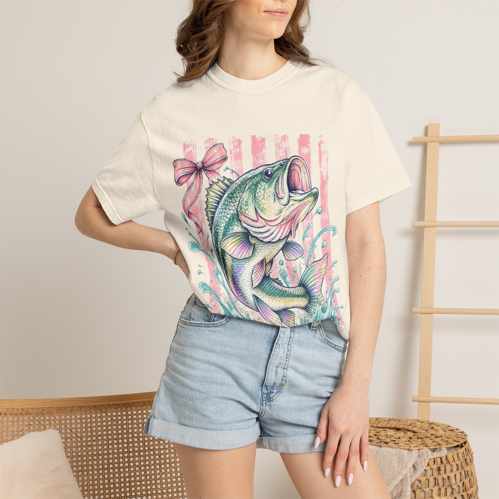 Bass Fish T-Shirt — Pastel Fishing Graphic Tee (Striped Background)