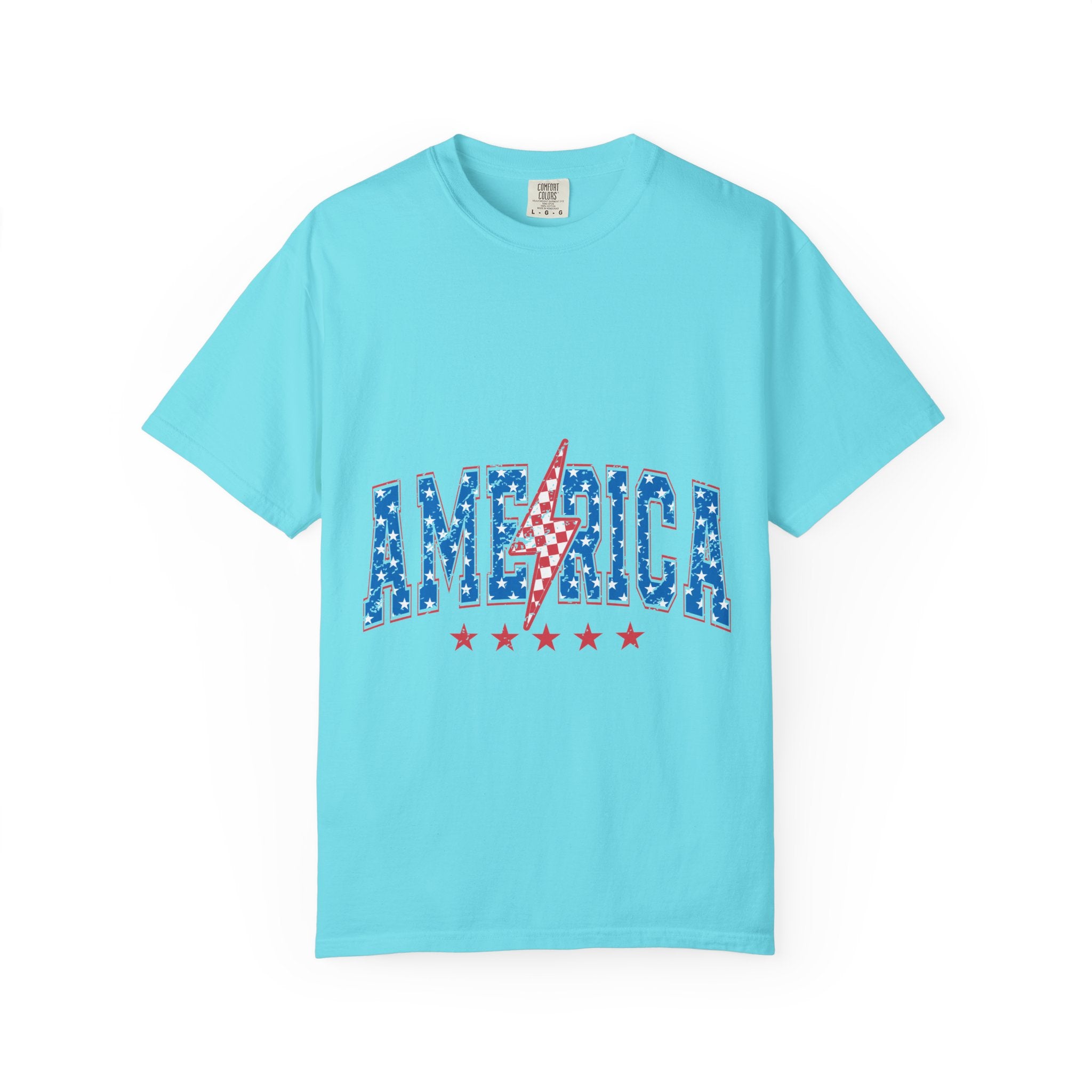 America Lightning Bolt T-Shirt — Patriotic USA Flag Print with Stars