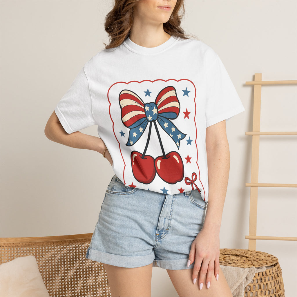 Patriotic Cherry Bow T-Shirt — American Flag Stars & Stripes Graphic