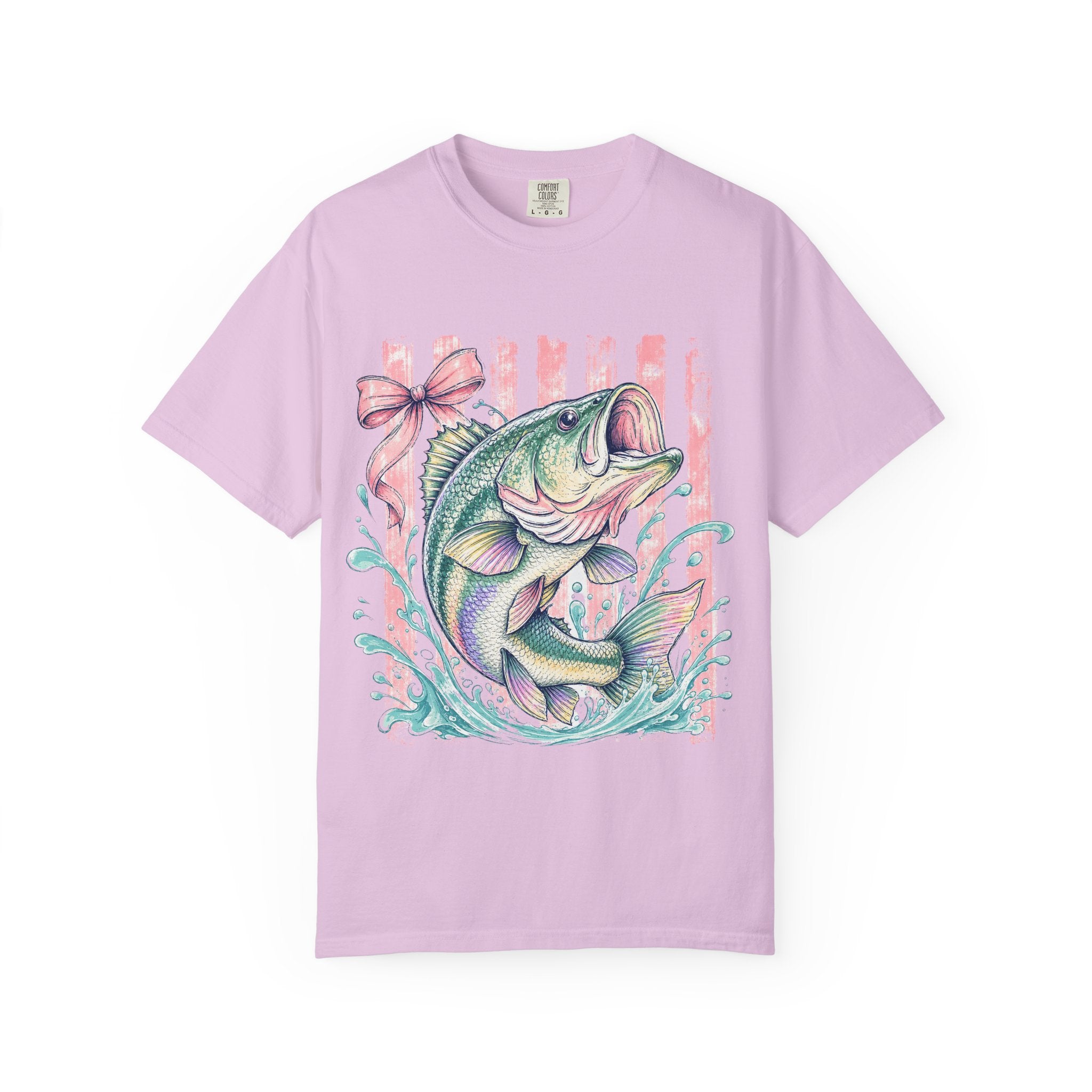 Bass Fish T-Shirt — Pastel Fishing Graphic Tee (Striped Background)