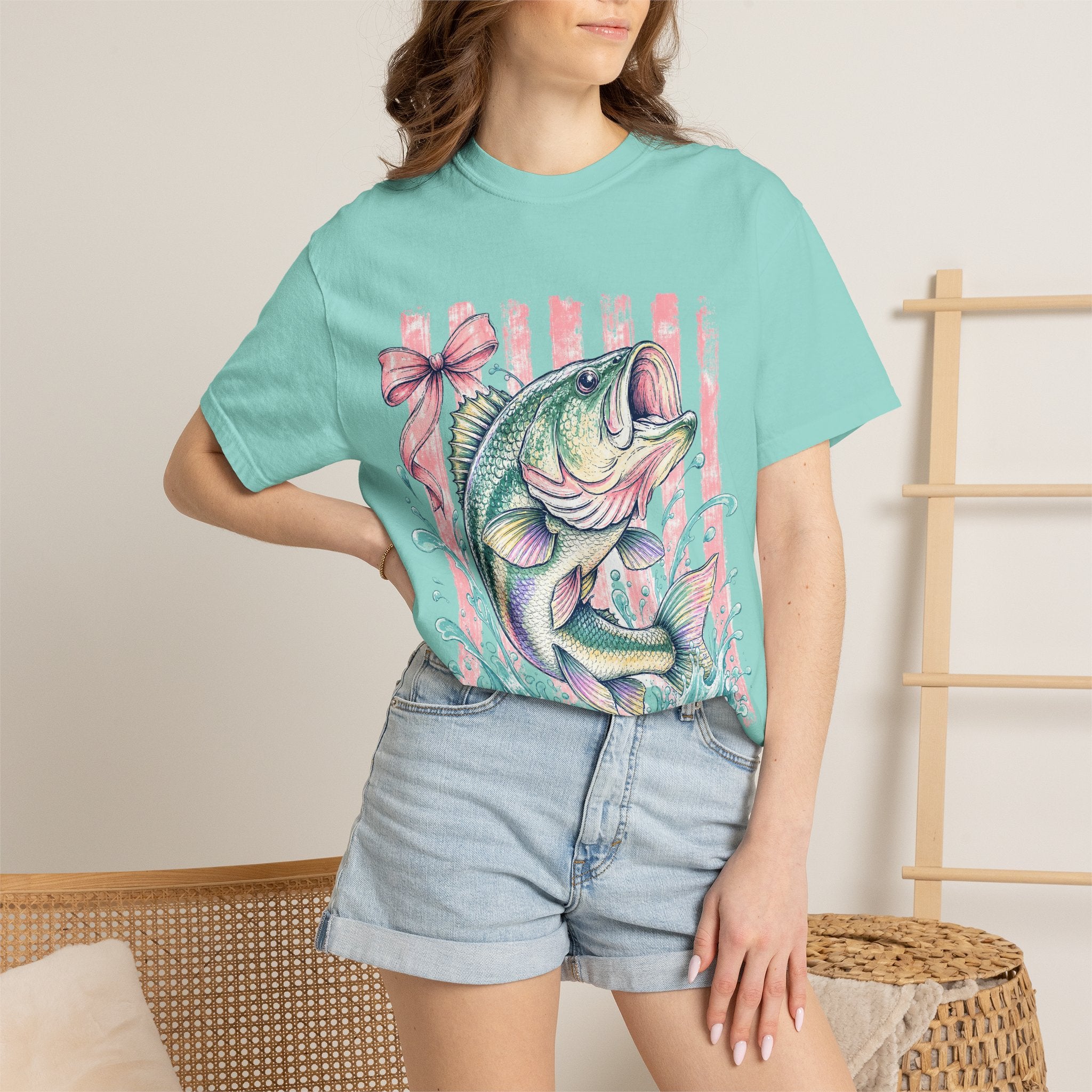 Bass Fish T-Shirt — Pastel Fishing Graphic Tee (Striped Background)