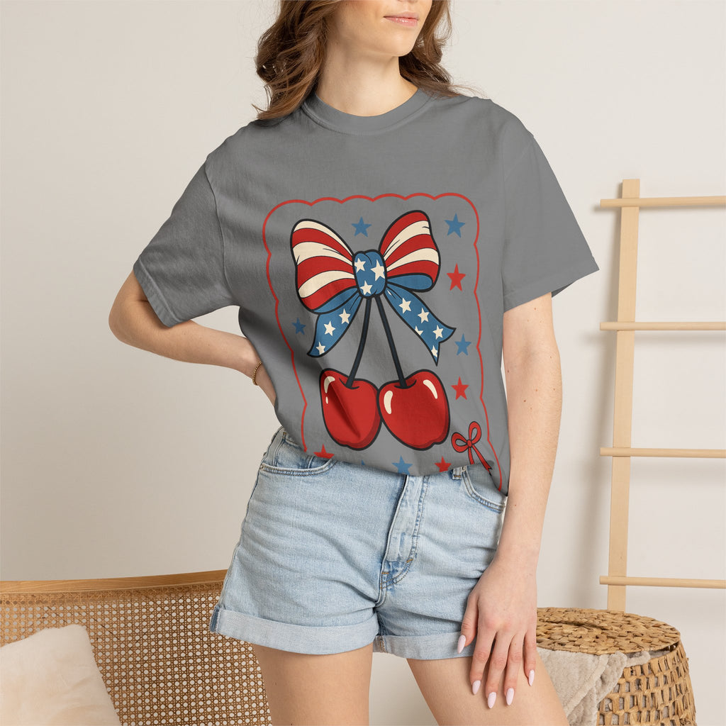 Patriotic Cherry Bow T-Shirt — American Flag Stars & Stripes Graphic