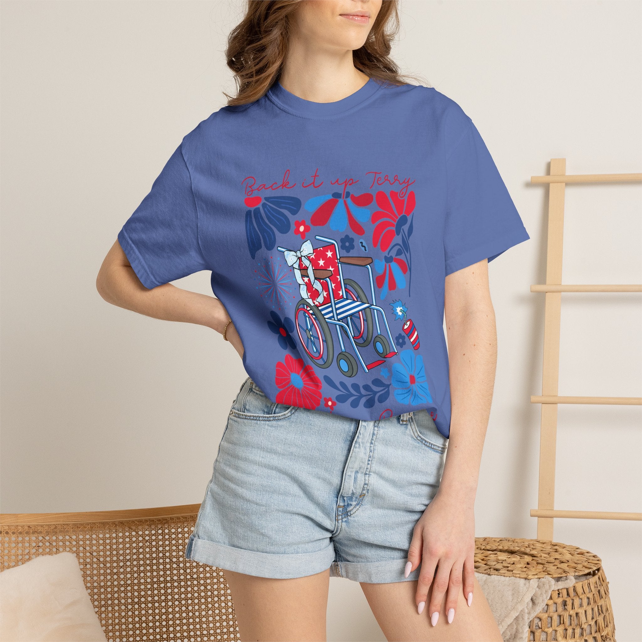 Retro Wheelchair Floral T-Shirt — "Push It in Reverse" Patriotic Graphic Tee