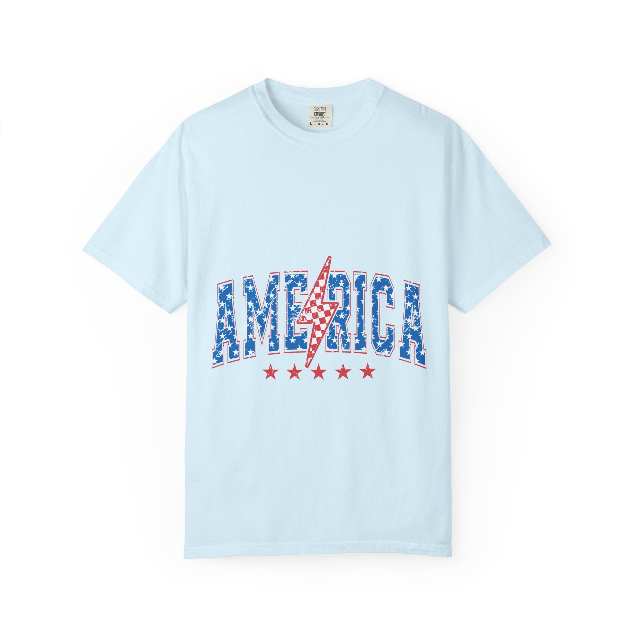 America Lightning Bolt T-Shirt — Patriotic USA Flag Print with Stars