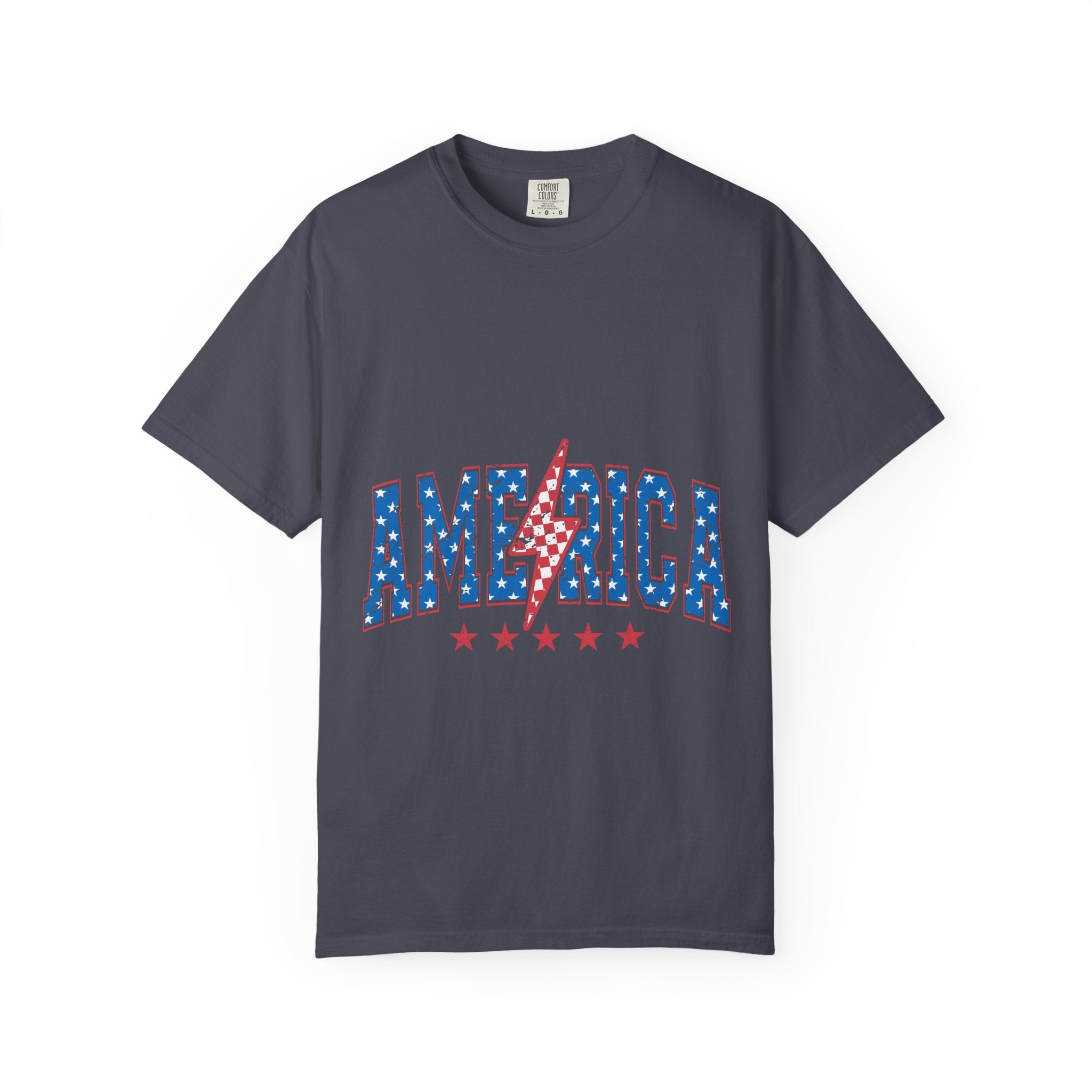America Lightning Bolt T-Shirt — Patriotic USA Flag Print with Stars