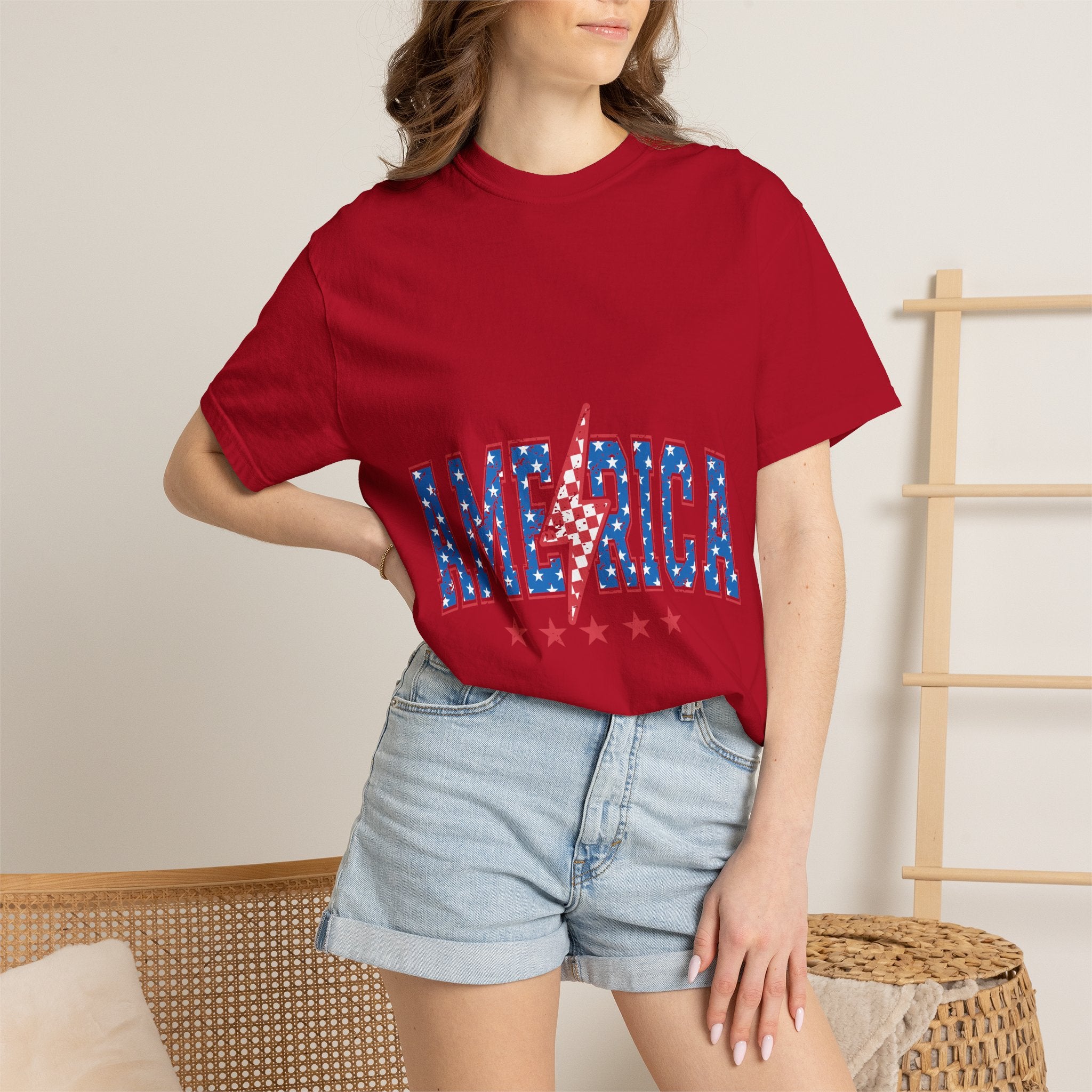 America Lightning Bolt T-Shirt — Patriotic USA Flag Print with Stars