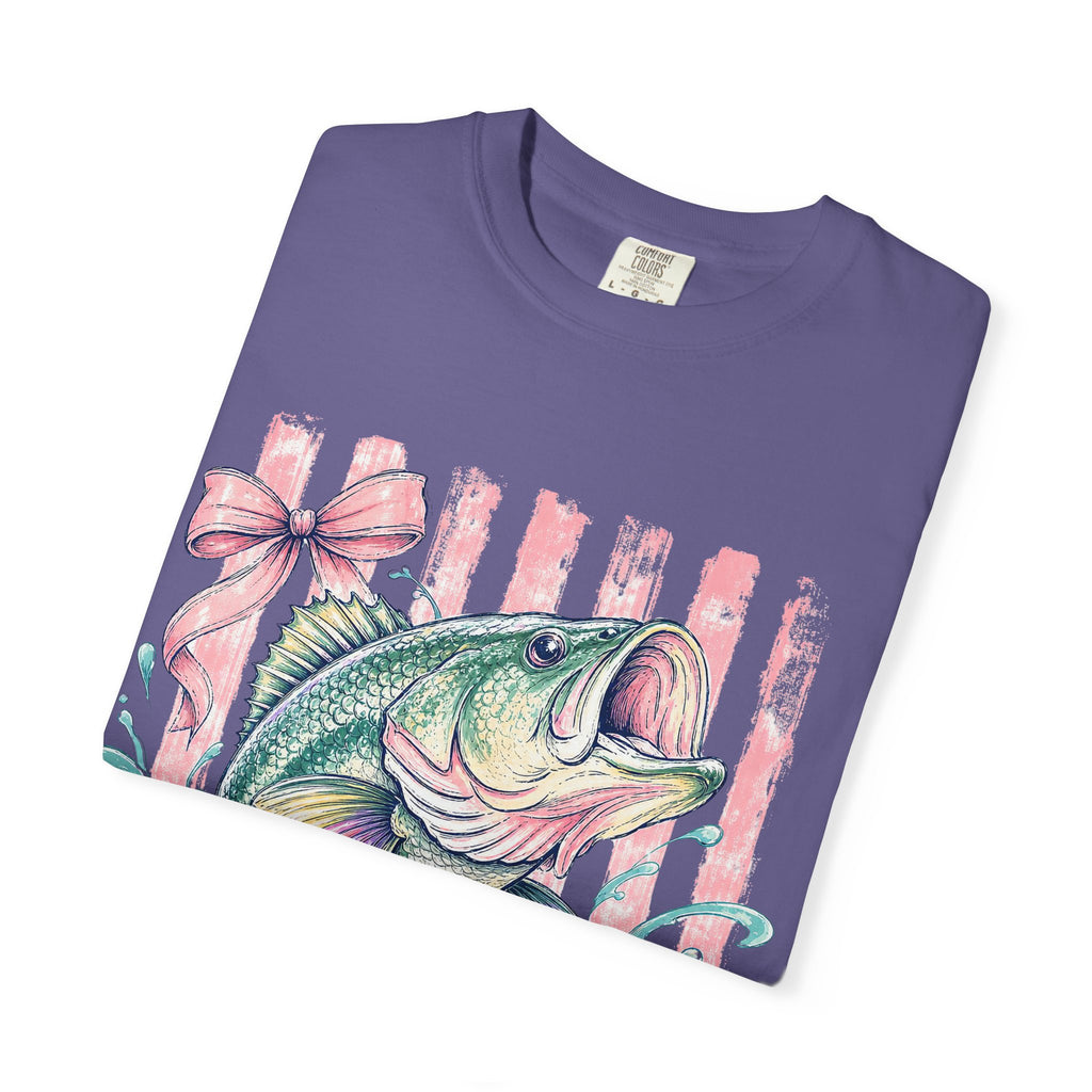 Bass Fish T-Shirt — Pastel Fishing Graphic Tee (Striped Background)
