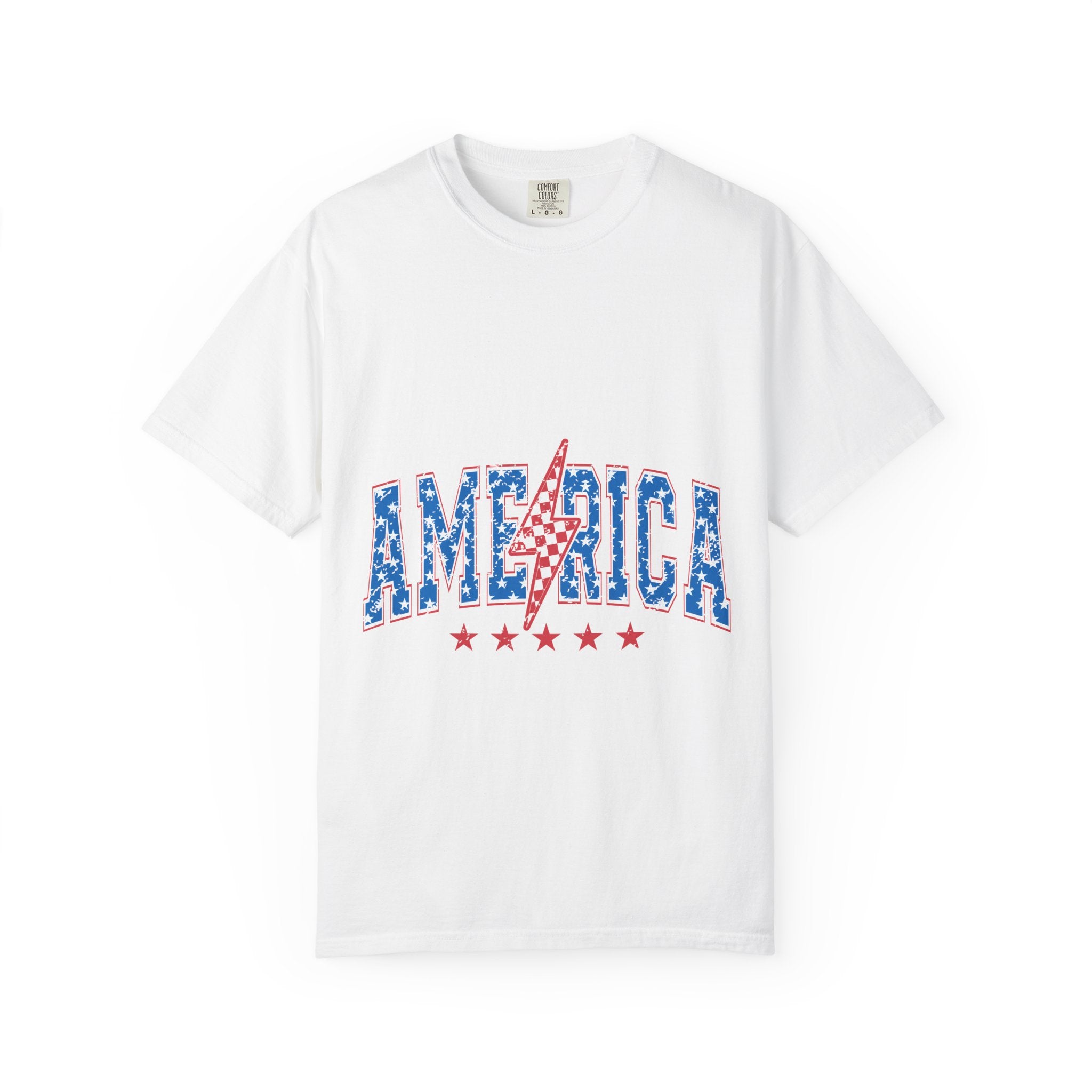America Lightning Bolt T-Shirt — Patriotic USA Flag Print with Stars