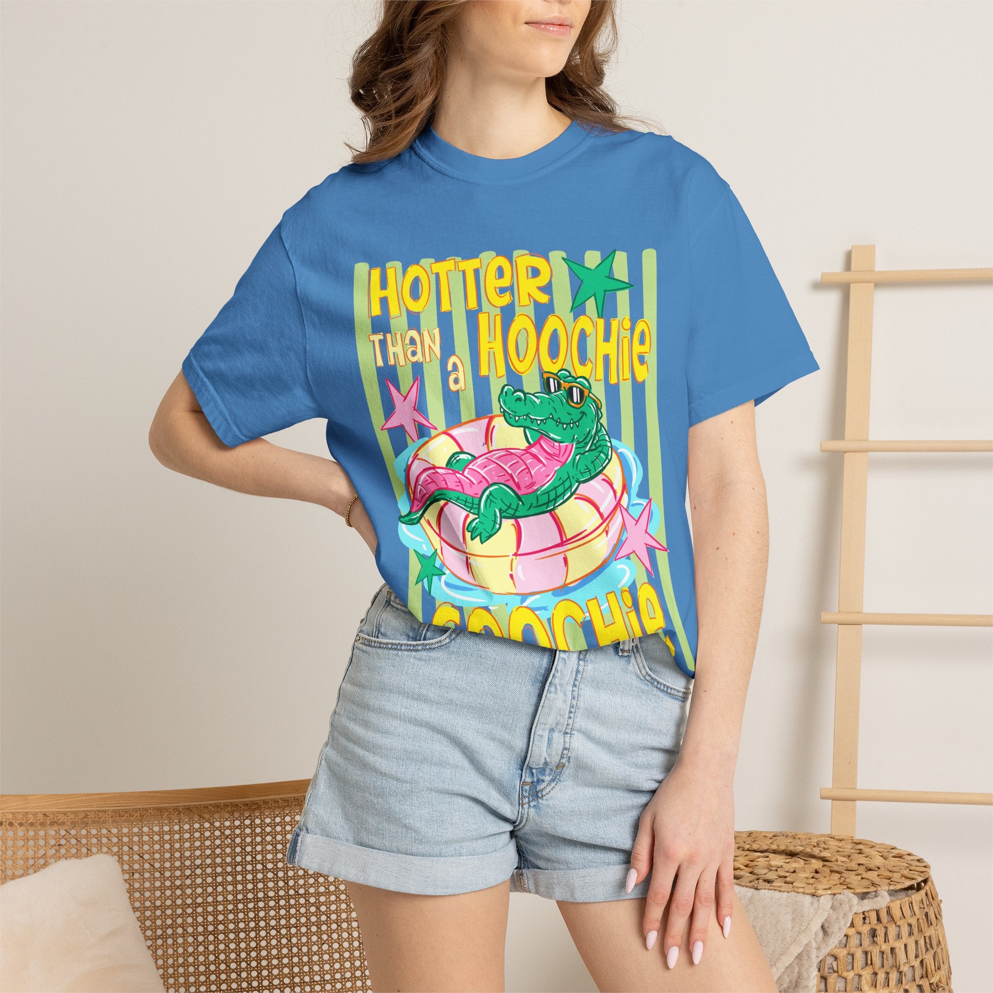 Graphic T-Shirt — “Hotter Than Hoochie Coochie” Retro Pool Float Design