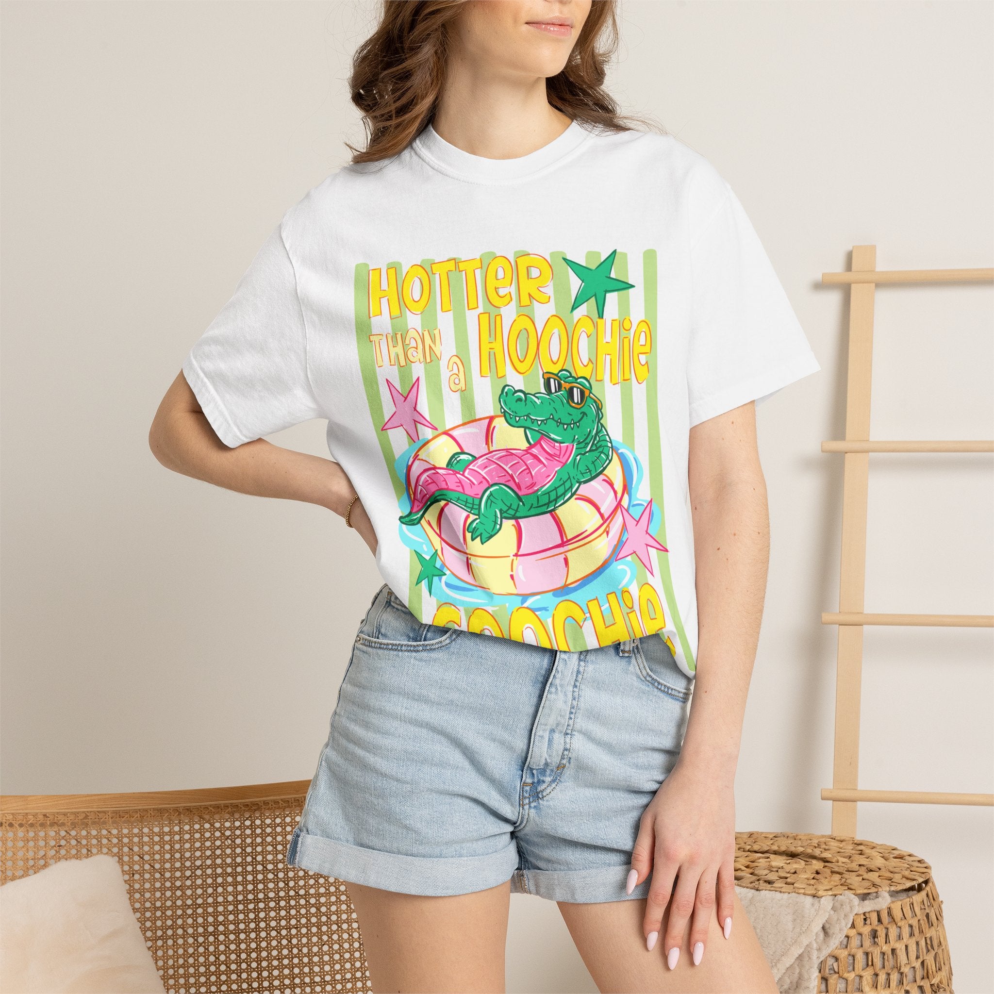 Graphic T-Shirt — “Hotter Than Hoochie Coochie” Retro Pool Float Design