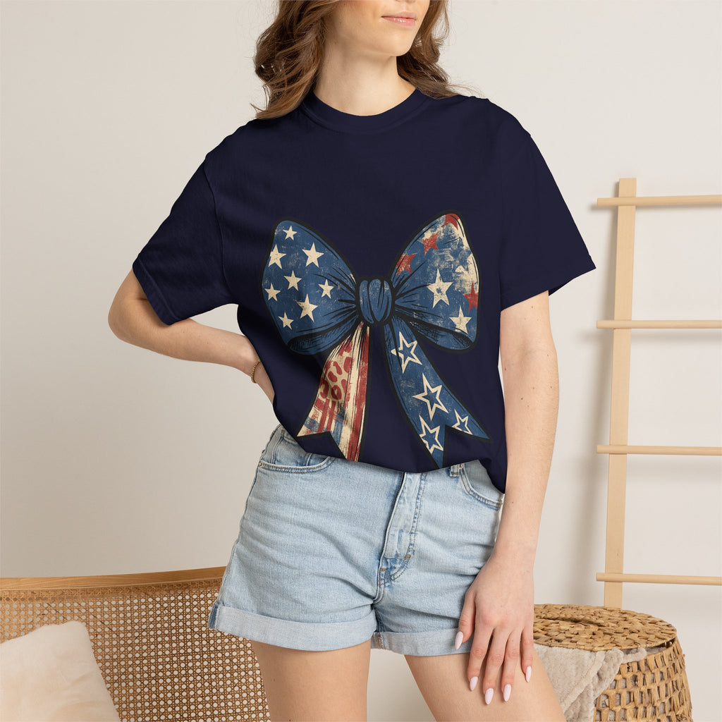 Patriotic Bow T-Shirt — American Flag Bow Graphic Tee for 4th of July