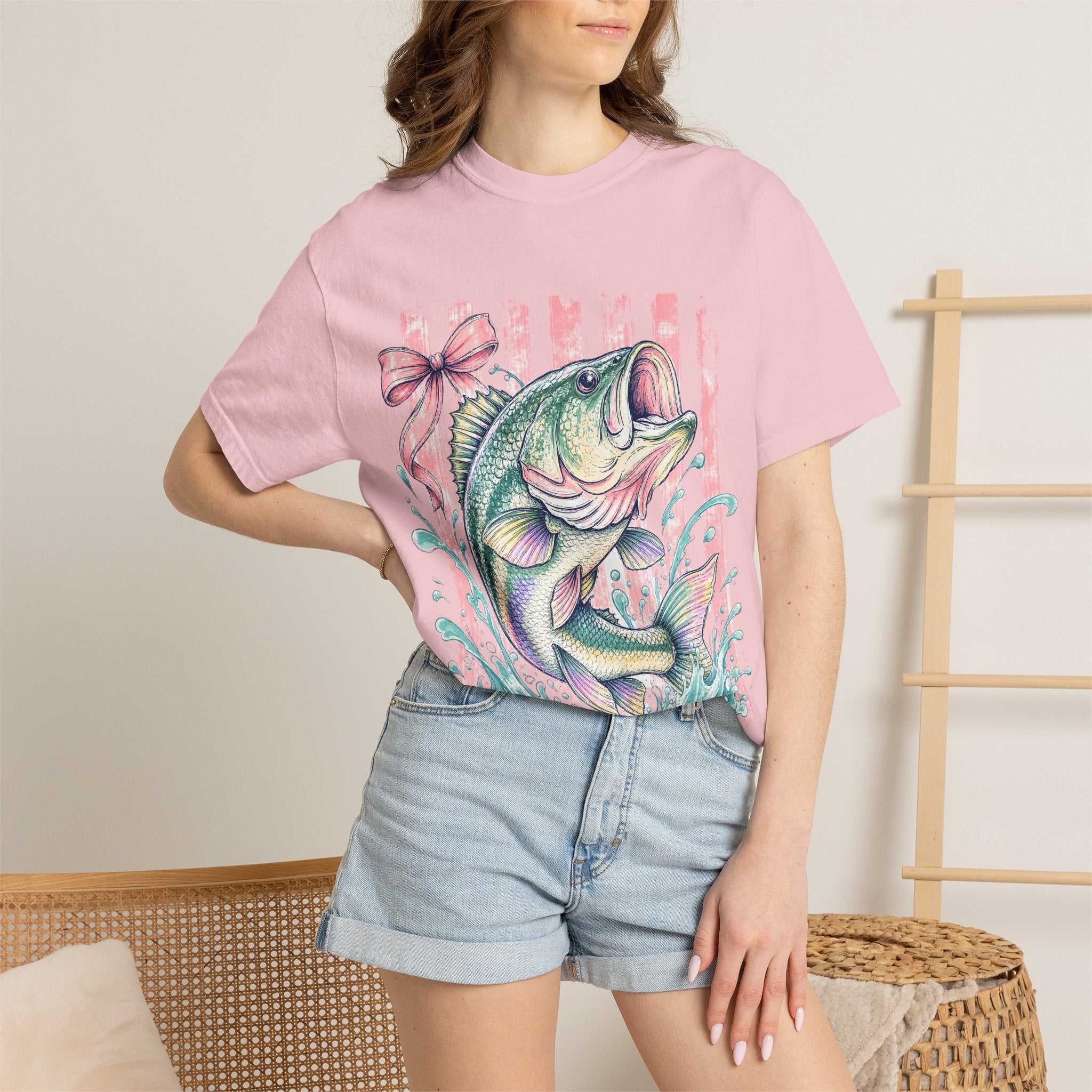 Bass Fish T-Shirt — Pastel Fishing Graphic Tee (Striped Background)
