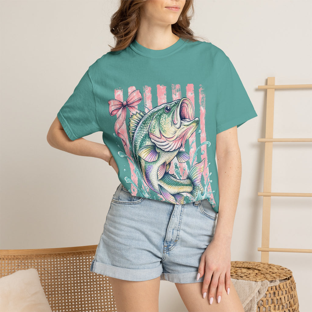 Bass Fish T-Shirt — Pastel Fishing Graphic Tee (Striped Background)
