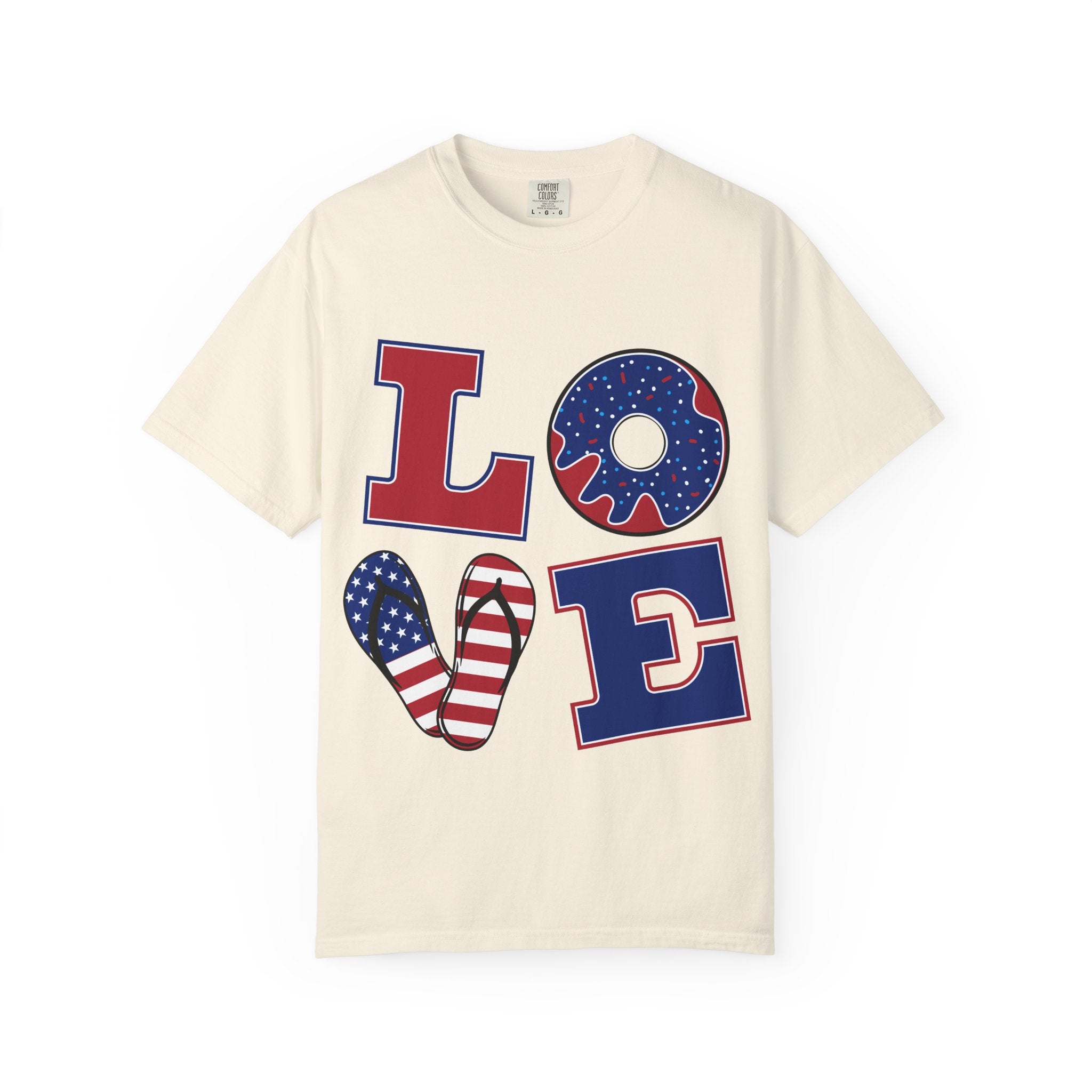 Patriotic 'LOVE' Graphic T-Shirt — American Flag Donut & Flip-Flop Design