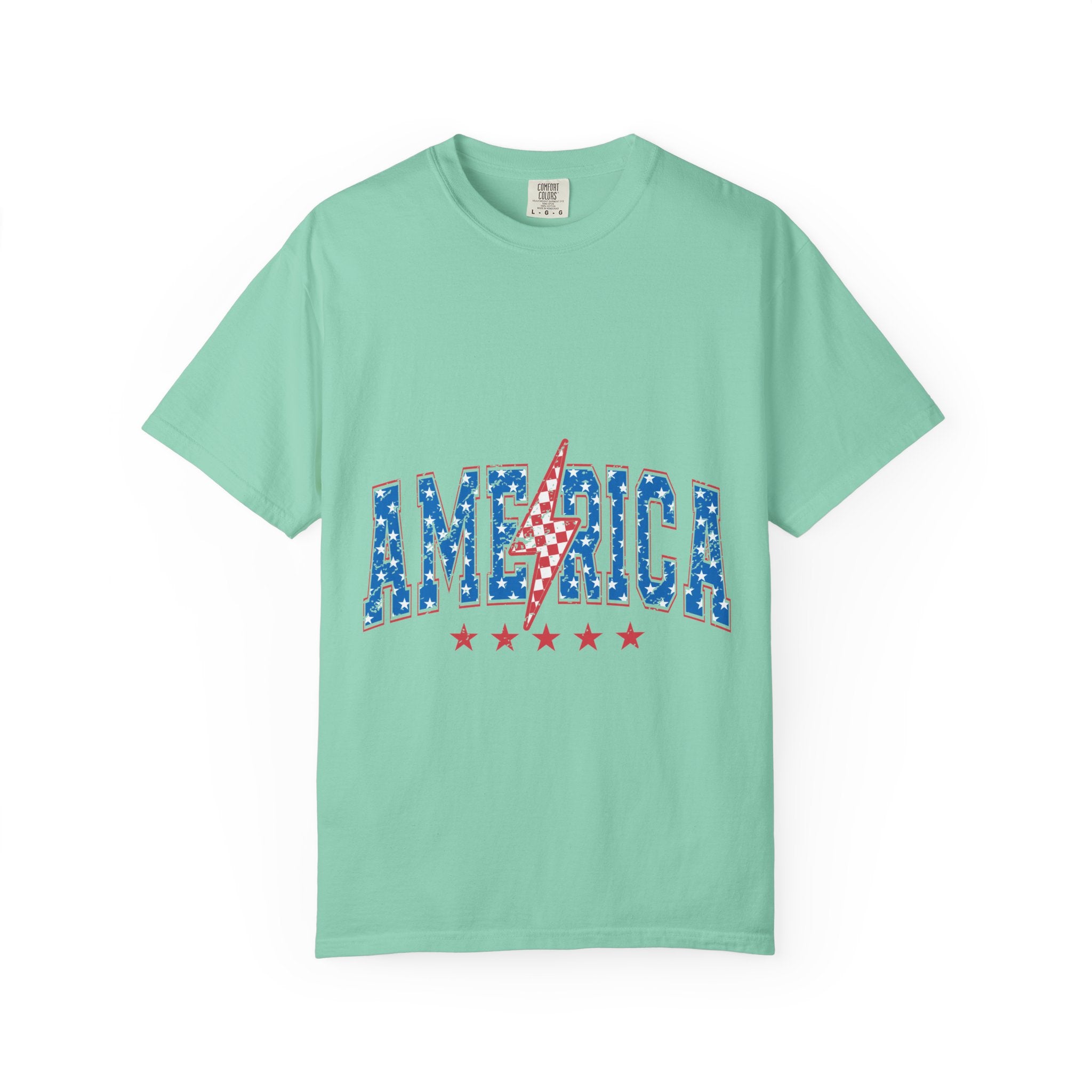 America Lightning Bolt T-Shirt — Patriotic USA Flag Print with Stars