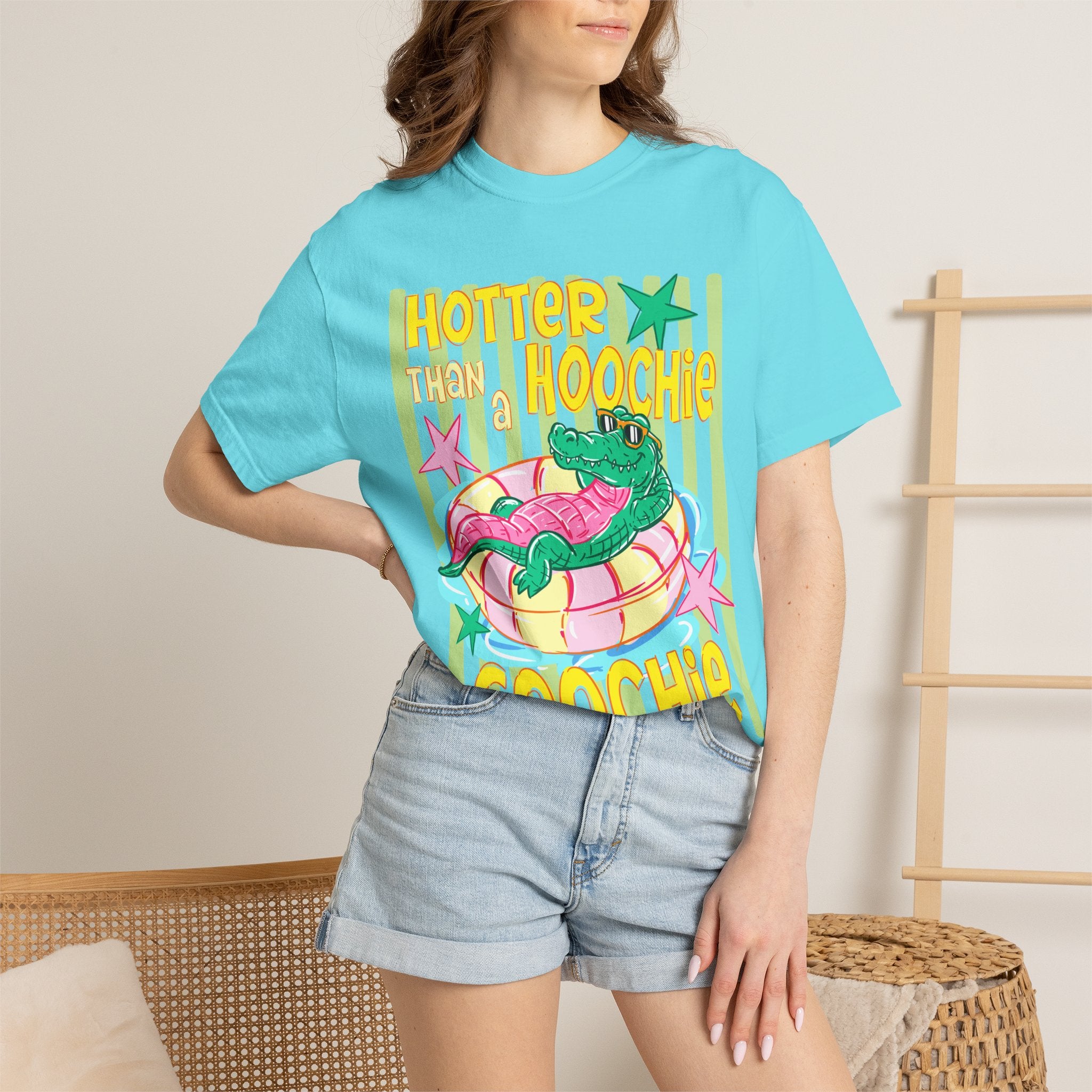 Graphic T-Shirt — “Hotter Than Hoochie Coochie” Retro Pool Float Design