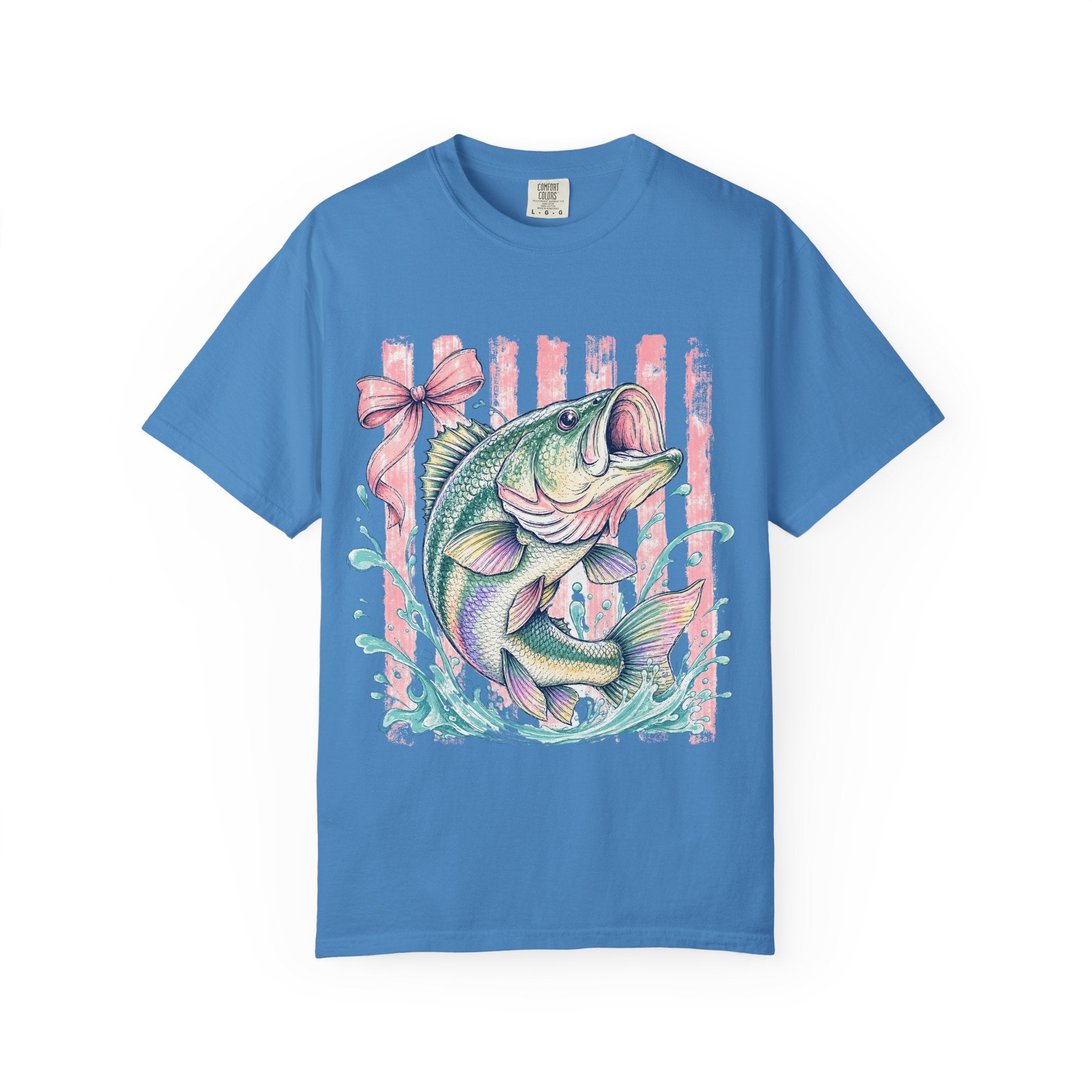Bass Fish T-Shirt — Pastel Fishing Graphic Tee (Striped Background)