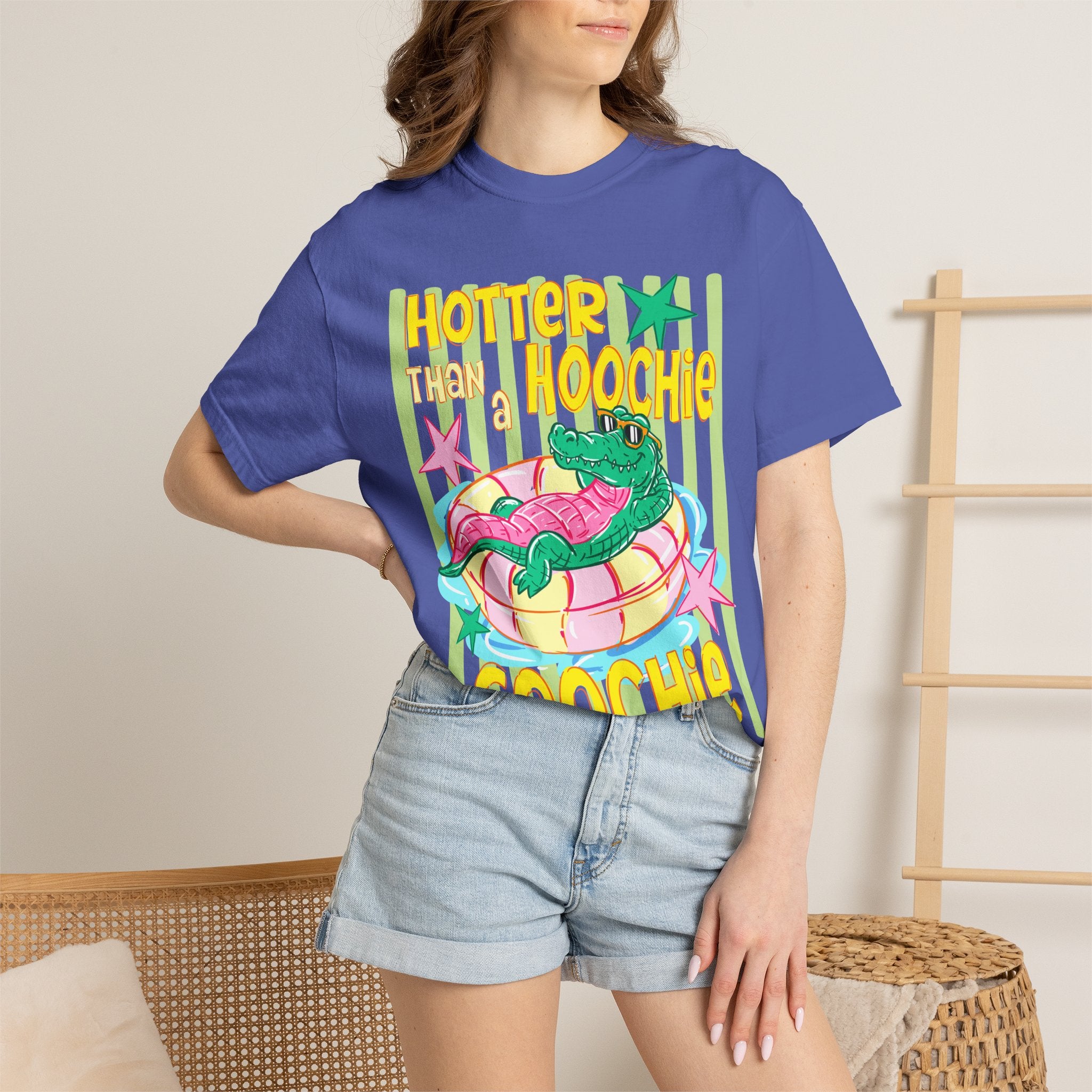 Graphic T-Shirt — “Hotter Than Hoochie Coochie” Retro Pool Float Design