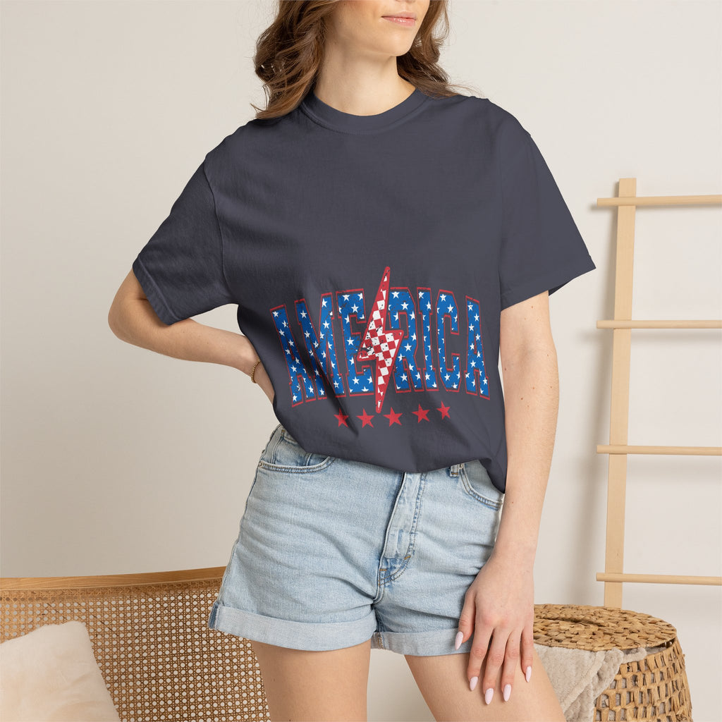 America Lightning Bolt T-Shirt — Patriotic USA Flag Print with Stars