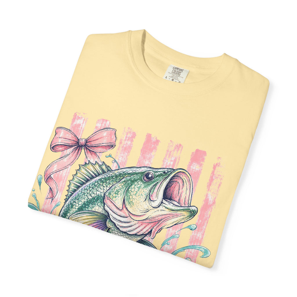 Bass Fish T-Shirt — Pastel Fishing Graphic Tee (Striped Background)