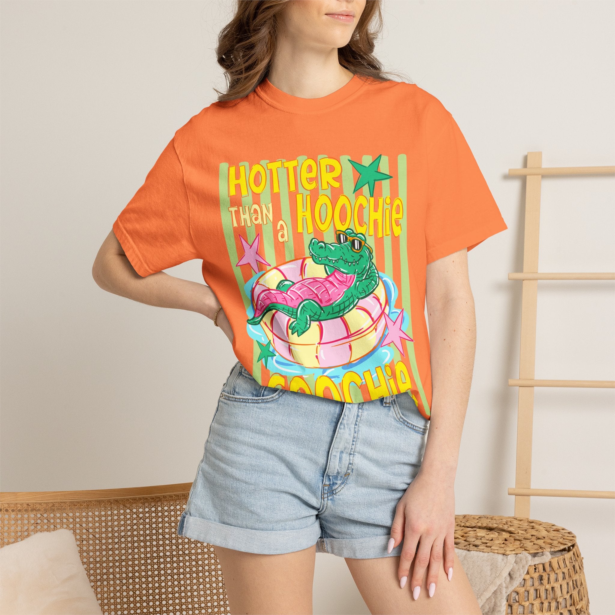 Graphic T-Shirt — “Hotter Than Hoochie Coochie” Retro Pool Float Design