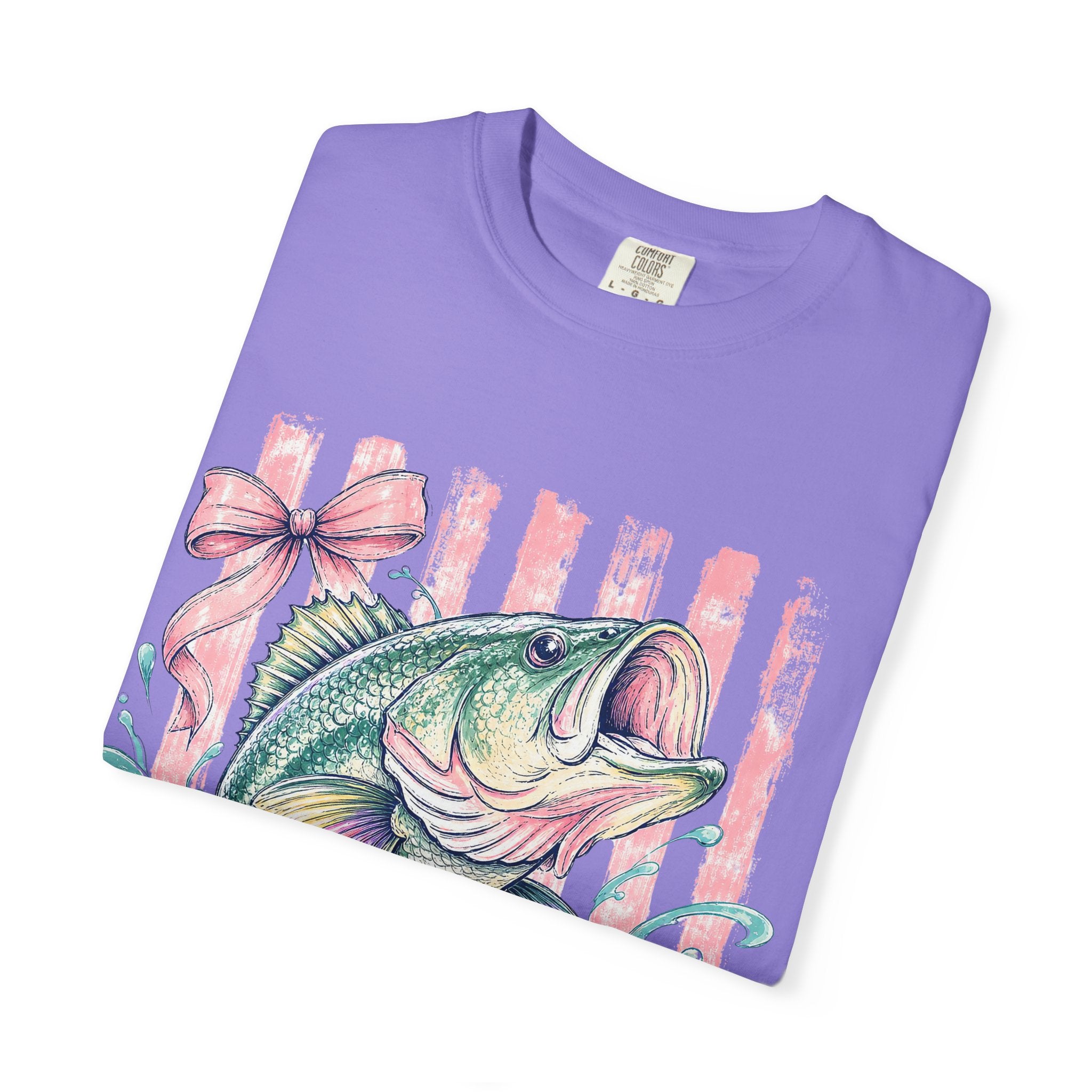Bass Fish T-Shirt — Pastel Fishing Graphic Tee (Striped Background)