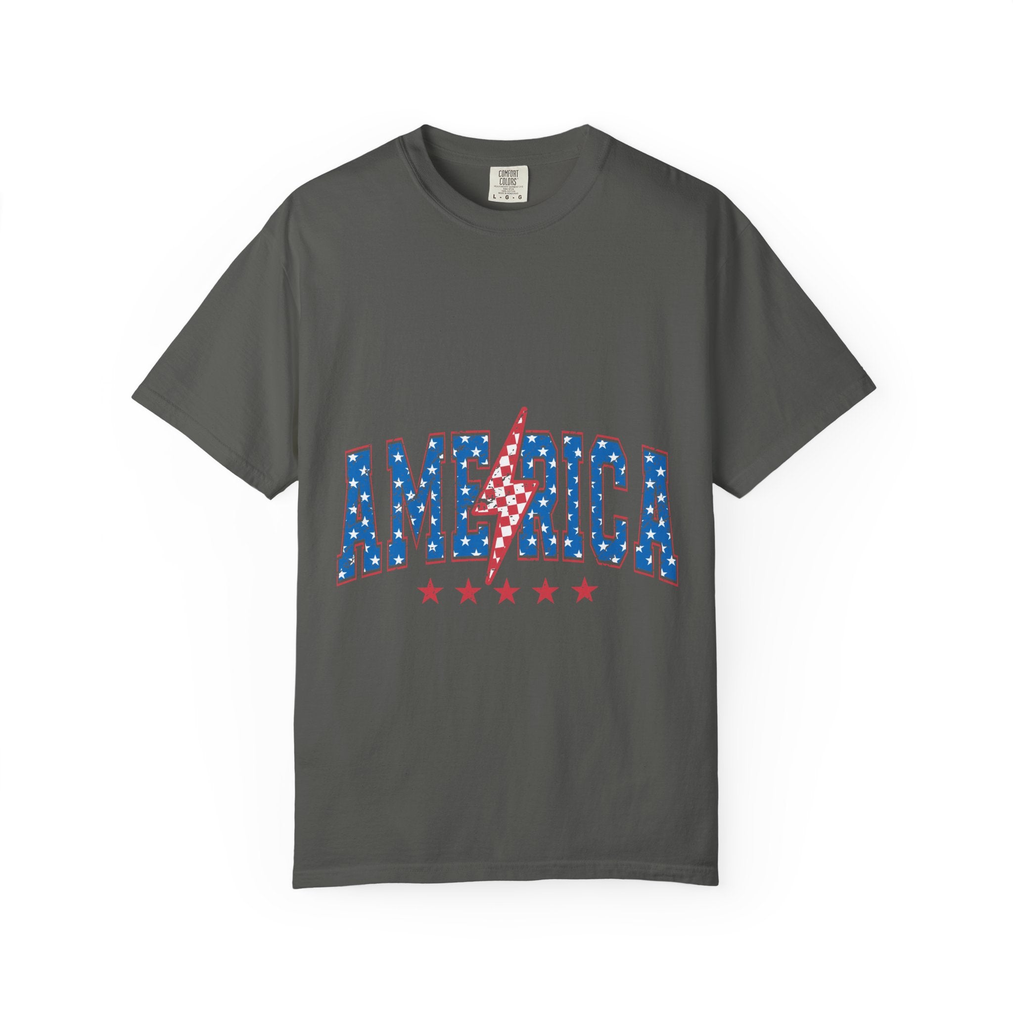 America Lightning Bolt T-Shirt — Patriotic USA Flag Print with Stars