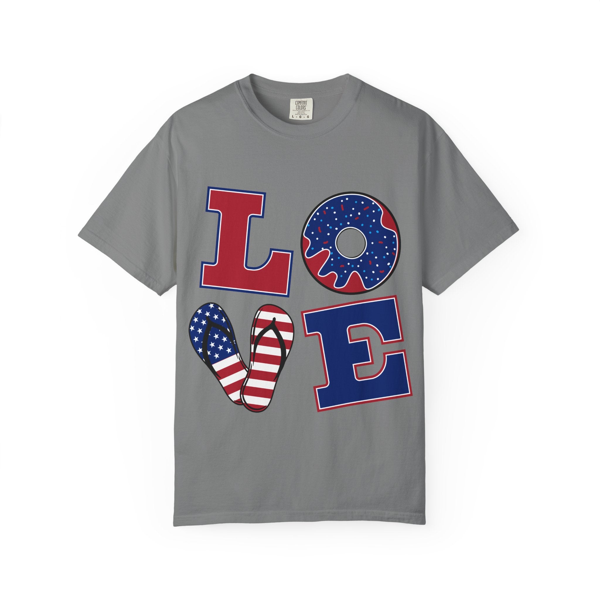Patriotic 'LOVE' Graphic T-Shirt — American Flag Donut & Flip-Flop Design