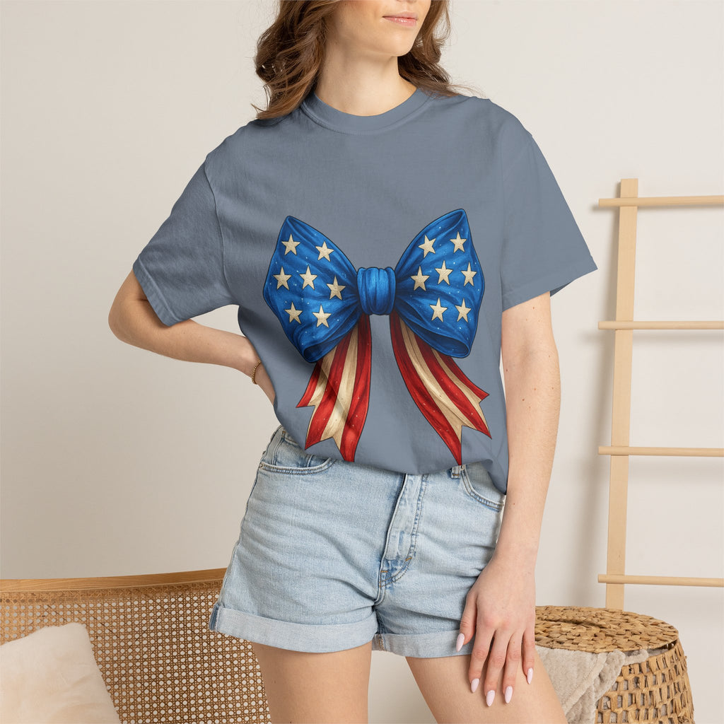 American Flag Bow T-Shirt — Patriotic Stars & Stripes Graphic Tee for Fourth of July