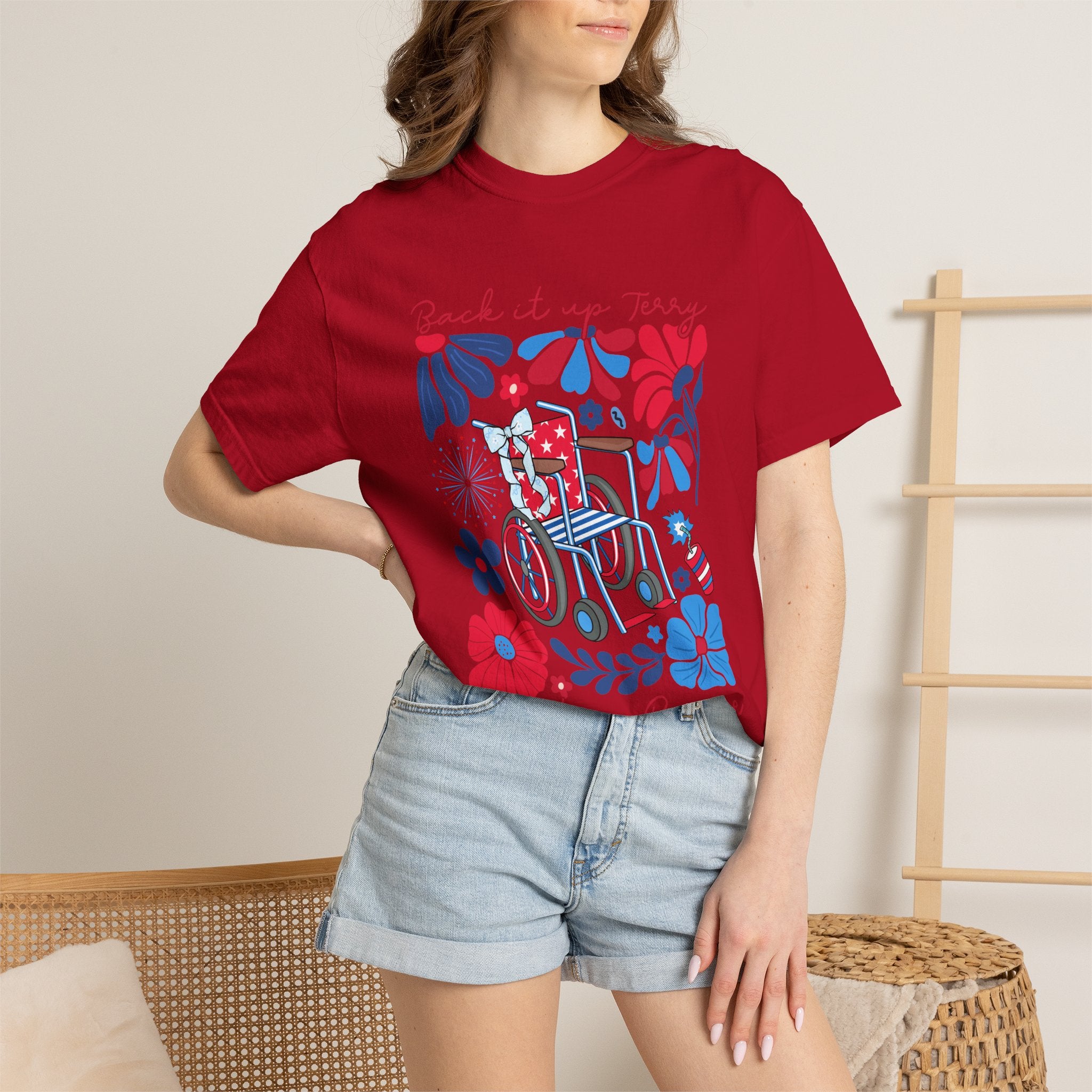 Retro Wheelchair Floral T-Shirt — "Push It in Reverse" Patriotic Graphic Tee