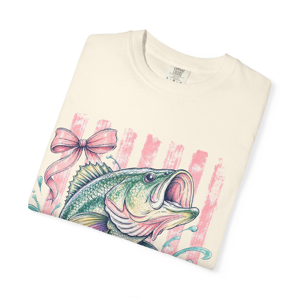 Bass Fish T-Shirt — Pastel Fishing Graphic Tee (Striped Background)