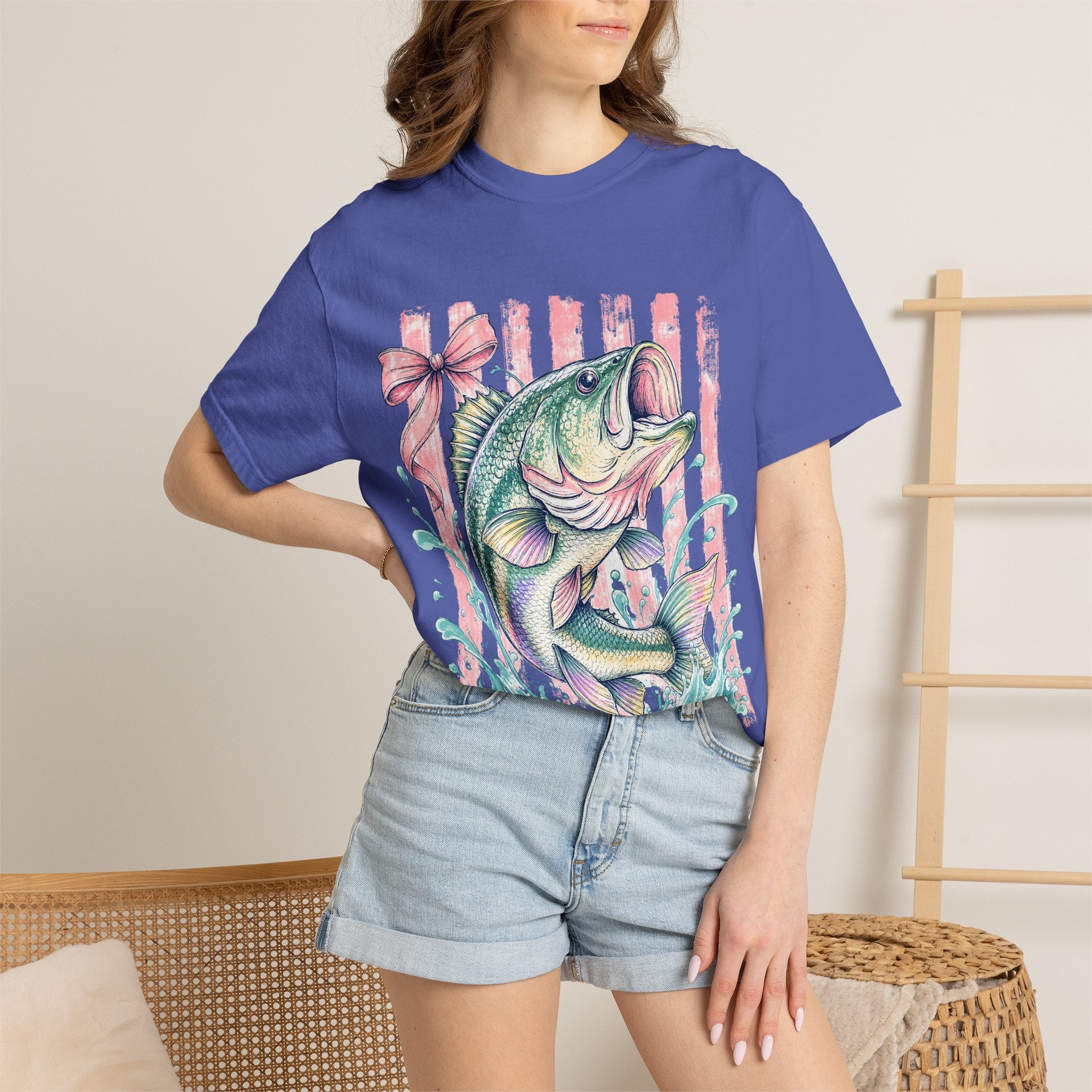 Bass Fish T-Shirt — Pastel Fishing Graphic Tee (Striped Background)